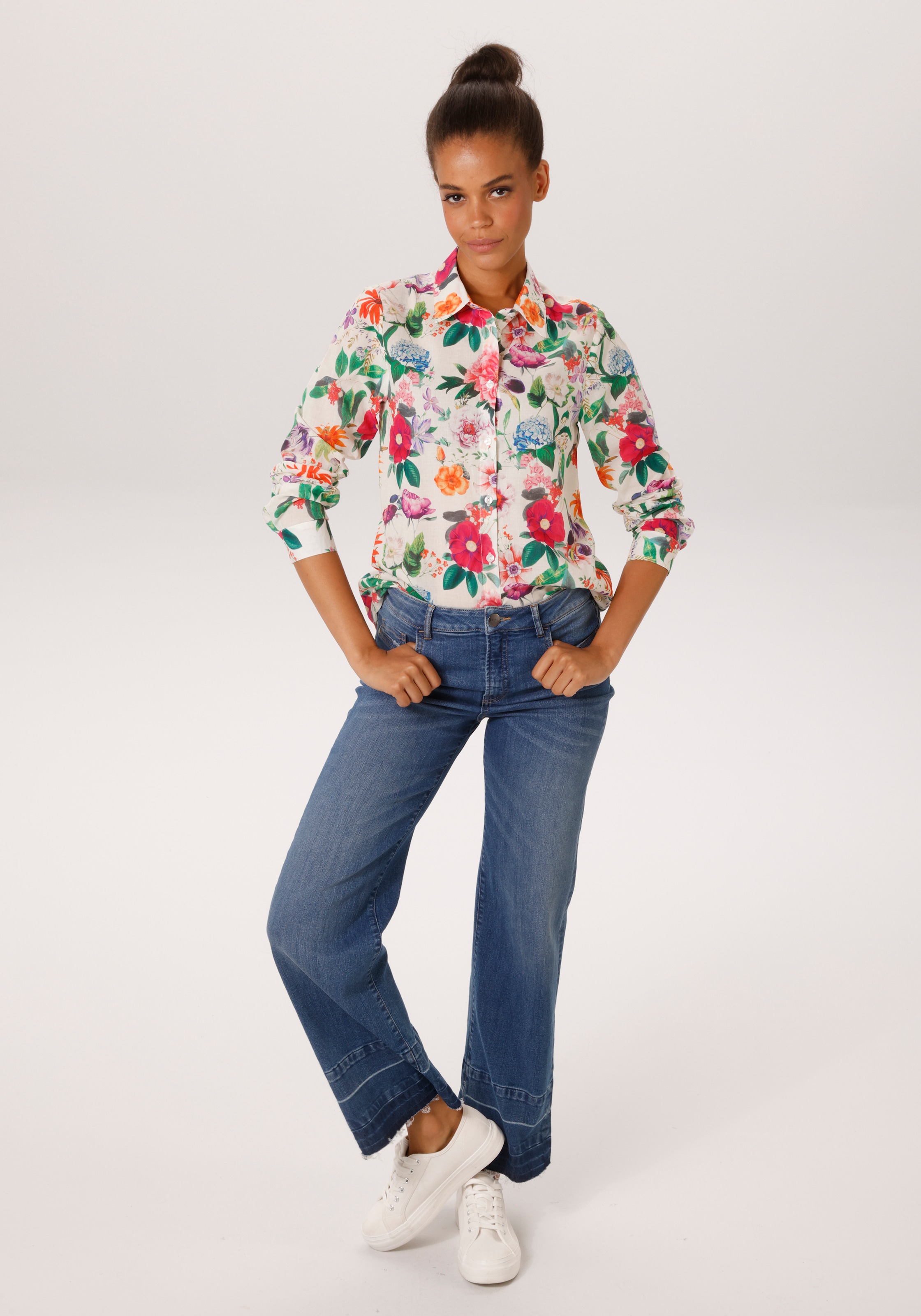 Aniston CASUAL Hemdbluse mit farbenfrohen Blumendruck - jedes Teil ein Unikat - NEUE KOLLEKTION