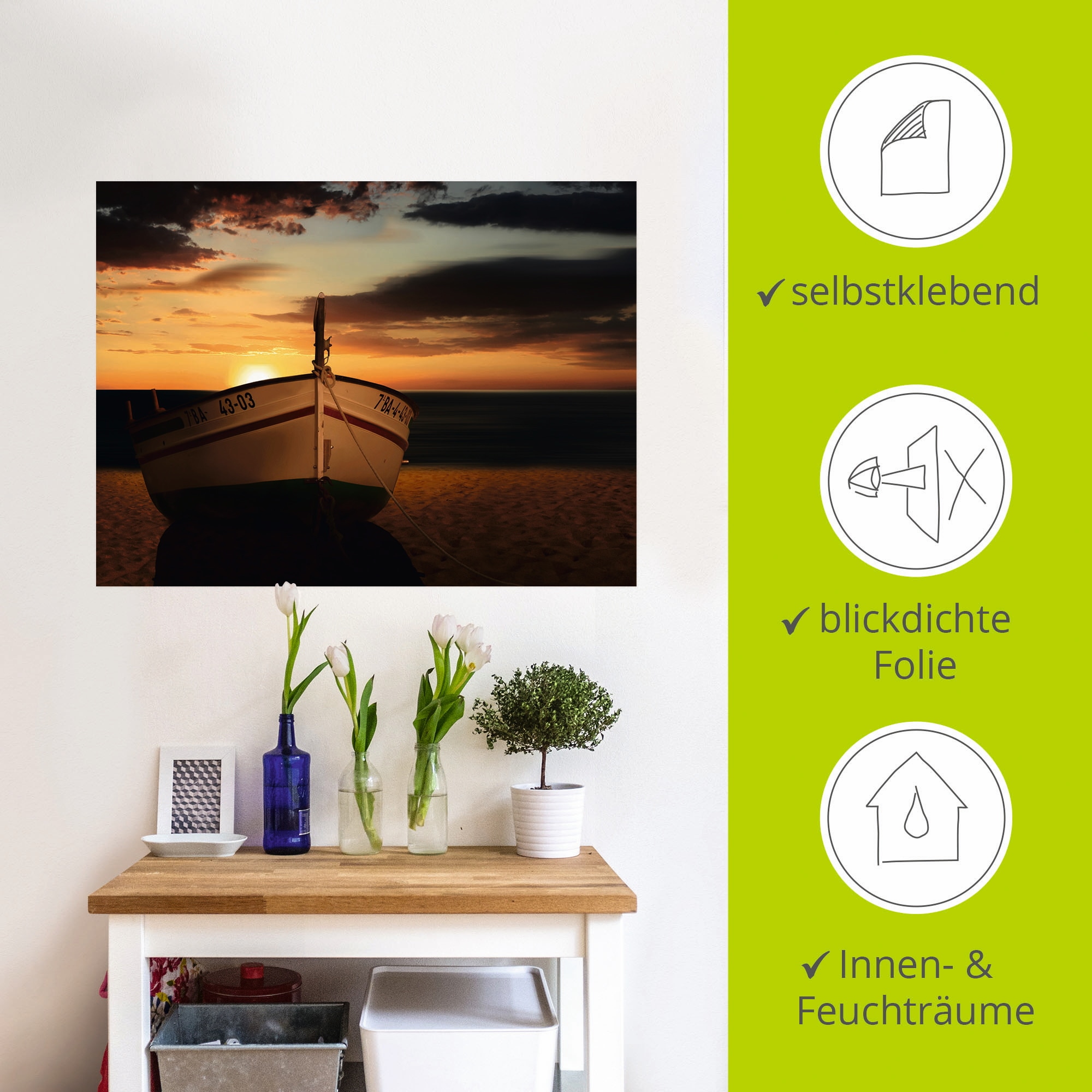 Artland Wandbild »Das Boot im Sonnenuntergang«, Küste, (1 St.), als Leinwandbild, Wandaufkleber in verschied. Größen