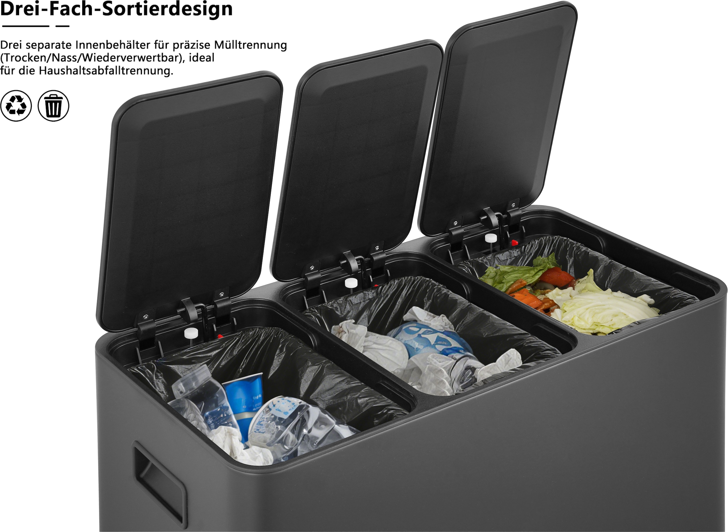 OTTO home Mülleimer »Garrin, mit 3 Fächern, Fassungsvermögen jeweils 15 Liter« 3 Behälter Mülltrennsystem mit 3 separaten Innenbehältern und Fußtrittpedalen