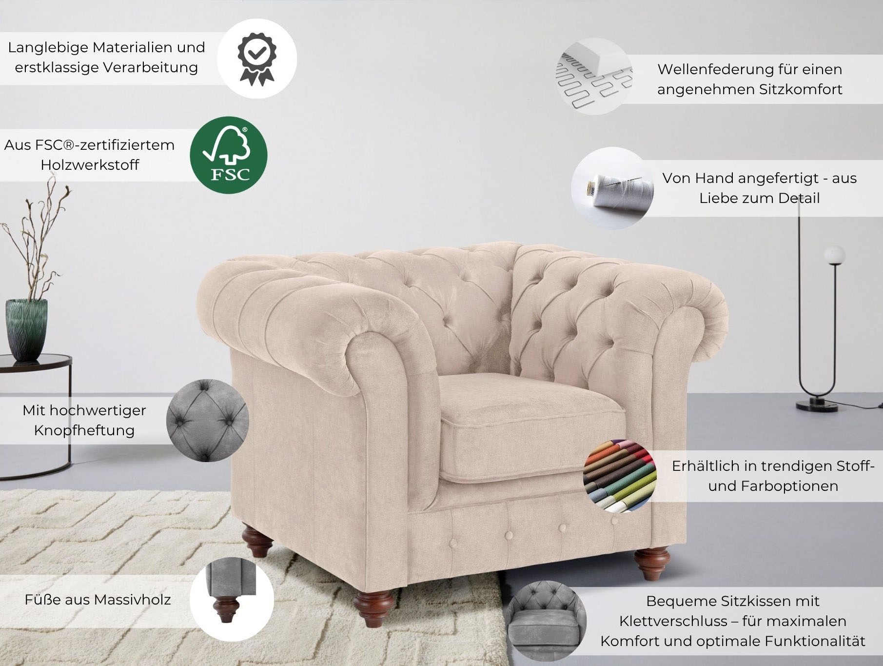 Home affaire Sessel »Chesterfield B/T/H: 105/69/74 cm« mit hochwertiger Knopfheftung , auch in Leder