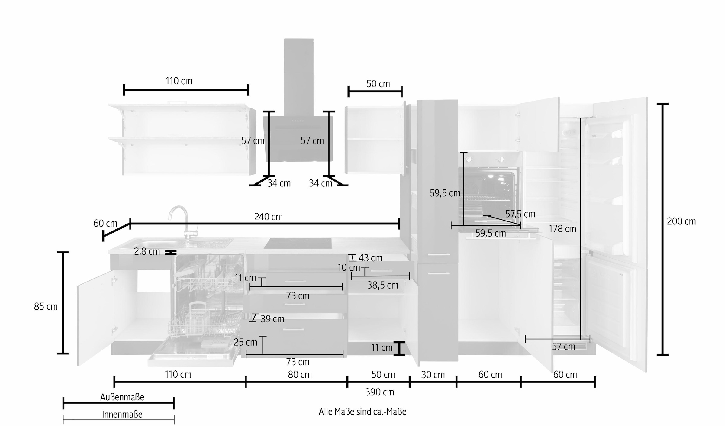 HELD MÖBEL Küchenzeile »Utah«, mit E-Geräten und großer Kühl-  Gefrierkombination, Breite 390 cm im OTTO Online Shop