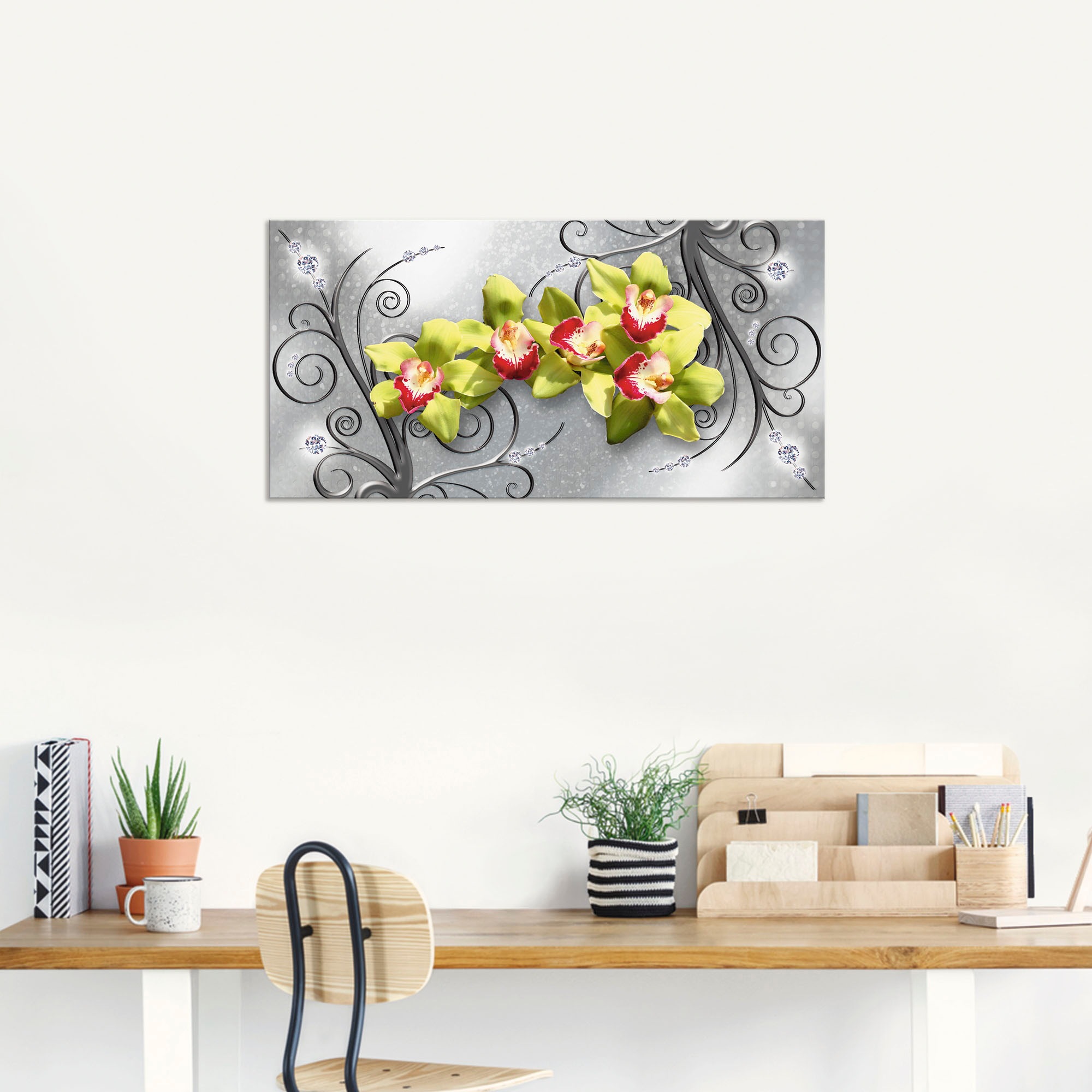 Artland Wandbild »Grüne Orchideen auf Ornamenten«, Blumenbilder, (1 St.), als Alubild, Outdoorbild, Leinwandbild, Poster, Wandaufkleber