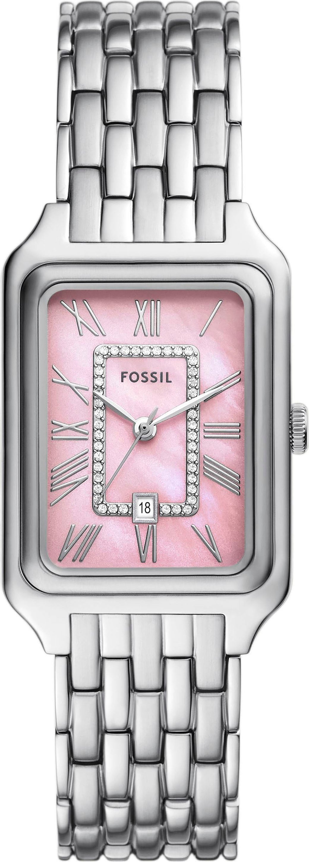 Fossil Quarzuhr »RAQUEL«, Armbanduhr, Damenuhr, Edelstahlarmband, analog, Tag, Glassteine