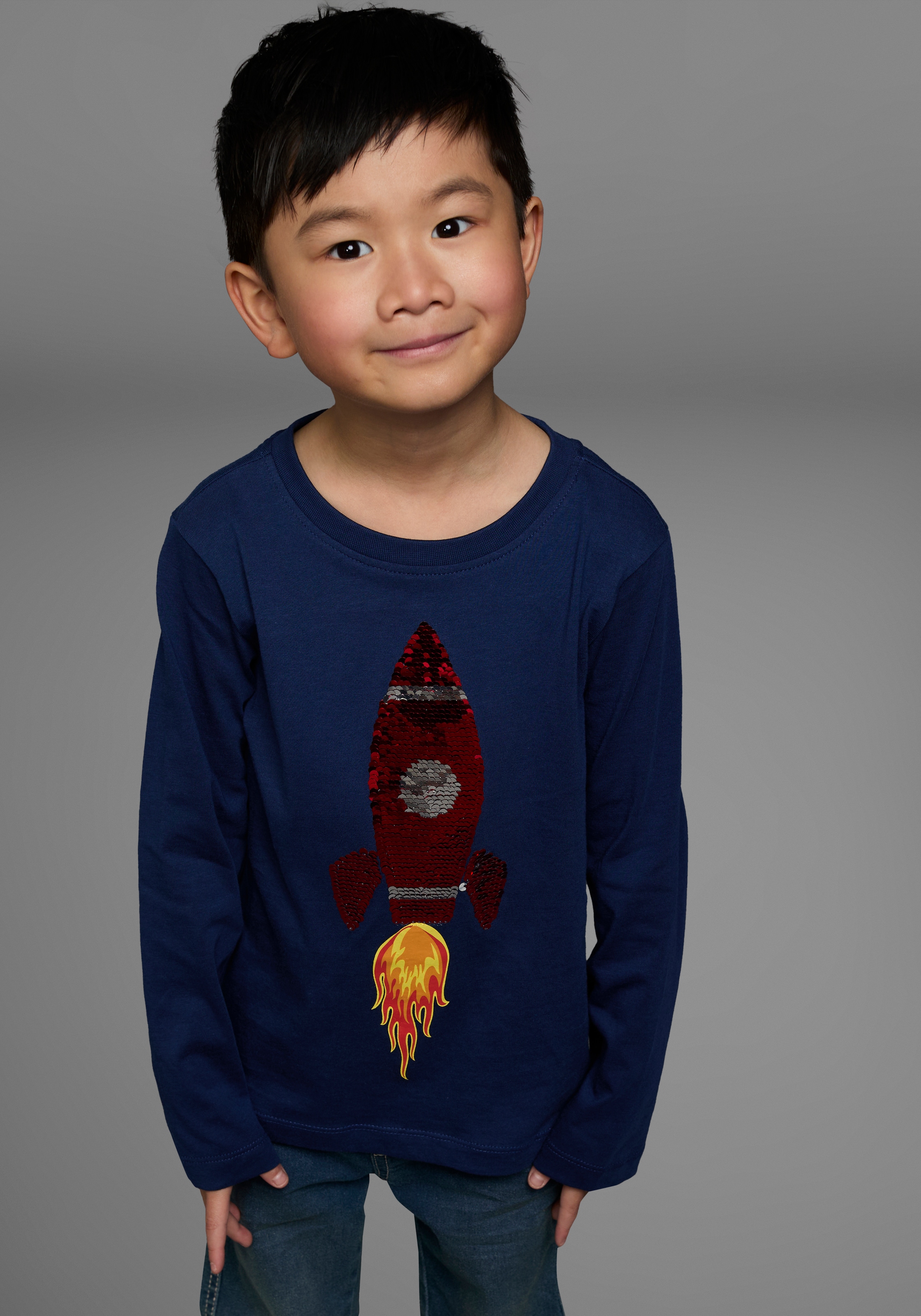 KIDSWORLD Langarmshirt »Rakete aus Wendepailletten«, langärmelige, Basic-Passform, aus Jerseystoff, aus Baumwolle