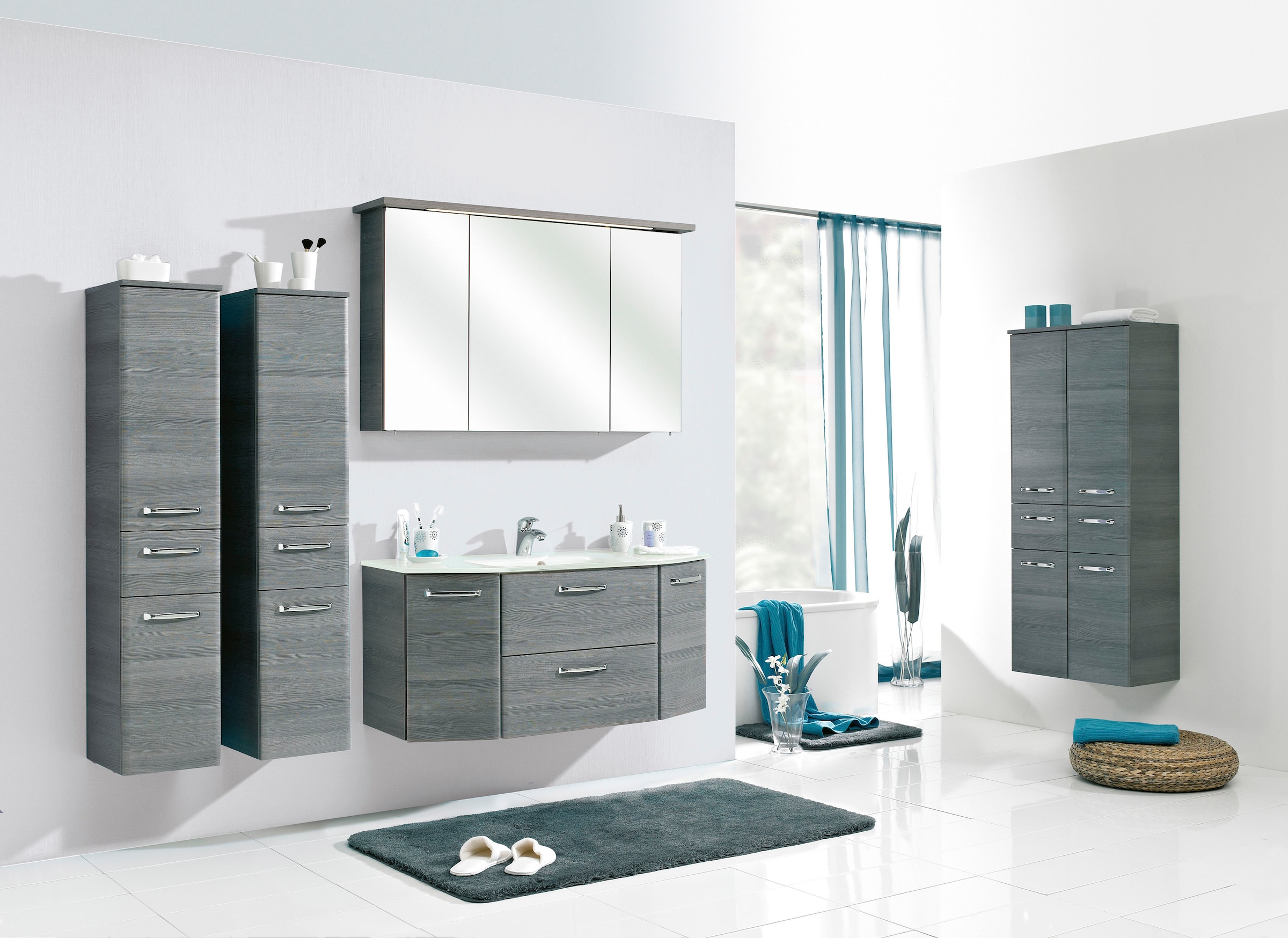 Saphir Waschtisch »Quickset Waschplatz inkl. Glaswaschtisch, 112 cm breit, 2 Türen«, Unterschrank mit Waschbecken, inkl. Türdämpfer, Griffe Chrom Glanz