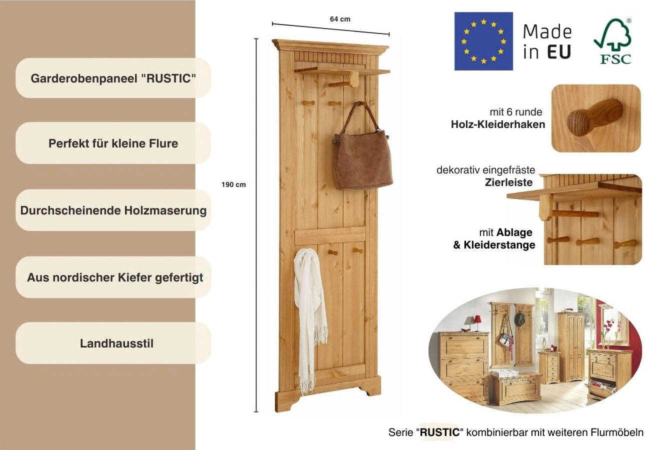 Home affaire Garderobenpaneel »Rustic«, aus massiver Kiefer, Breite 64 cm, FSC®-zertifiziert