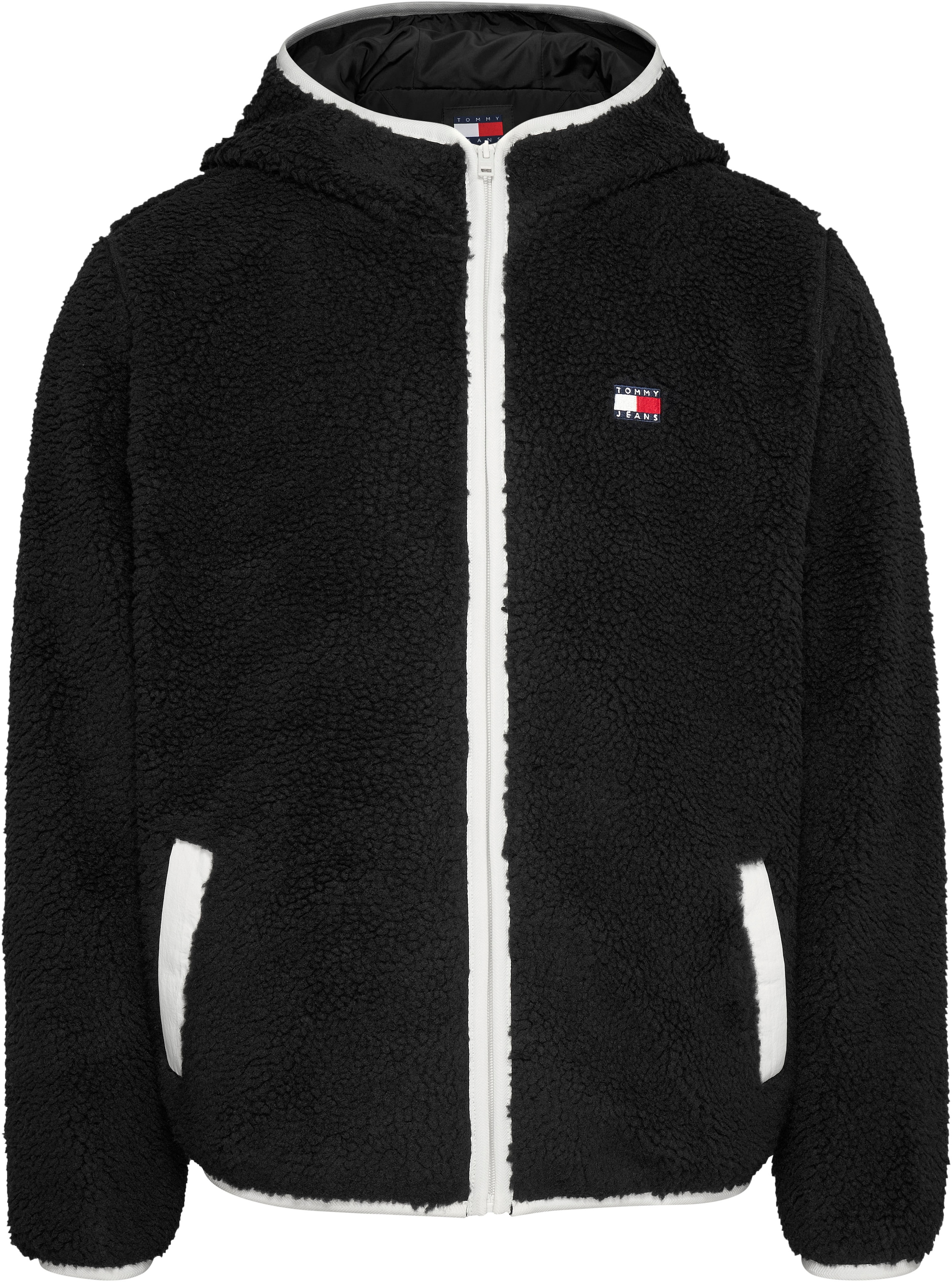 Tommy Jeans Plüschjacke »TJM REG BADGE TEDDY ZIP TRU EXT«, mit Kapuze, Freizeitjacke, Übergangsjacke, Teddyjacke mit Logopatch