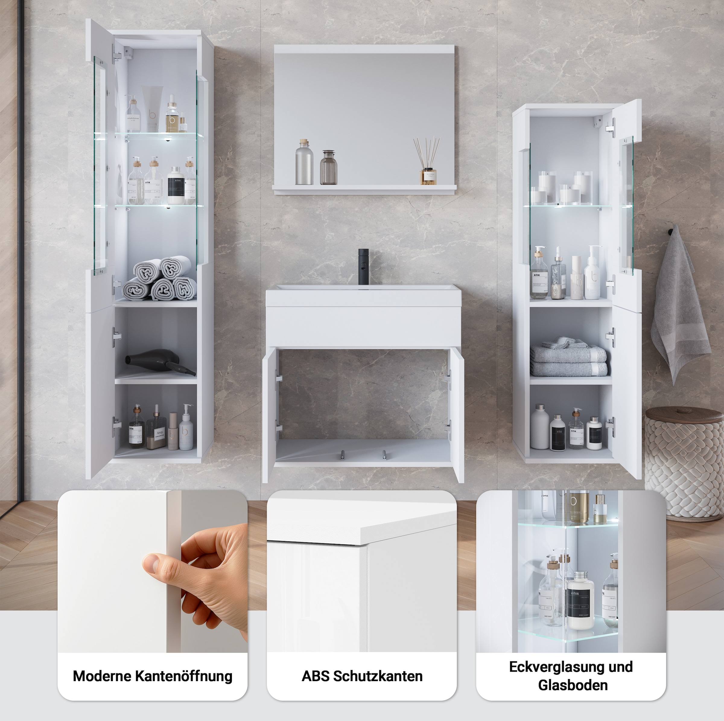 INOSIGN Badmöbel-Set »Kenia«, (Set, 5 St.), Modernes Badmöbel-Set mit viel Stauraum und Glaseinsatz