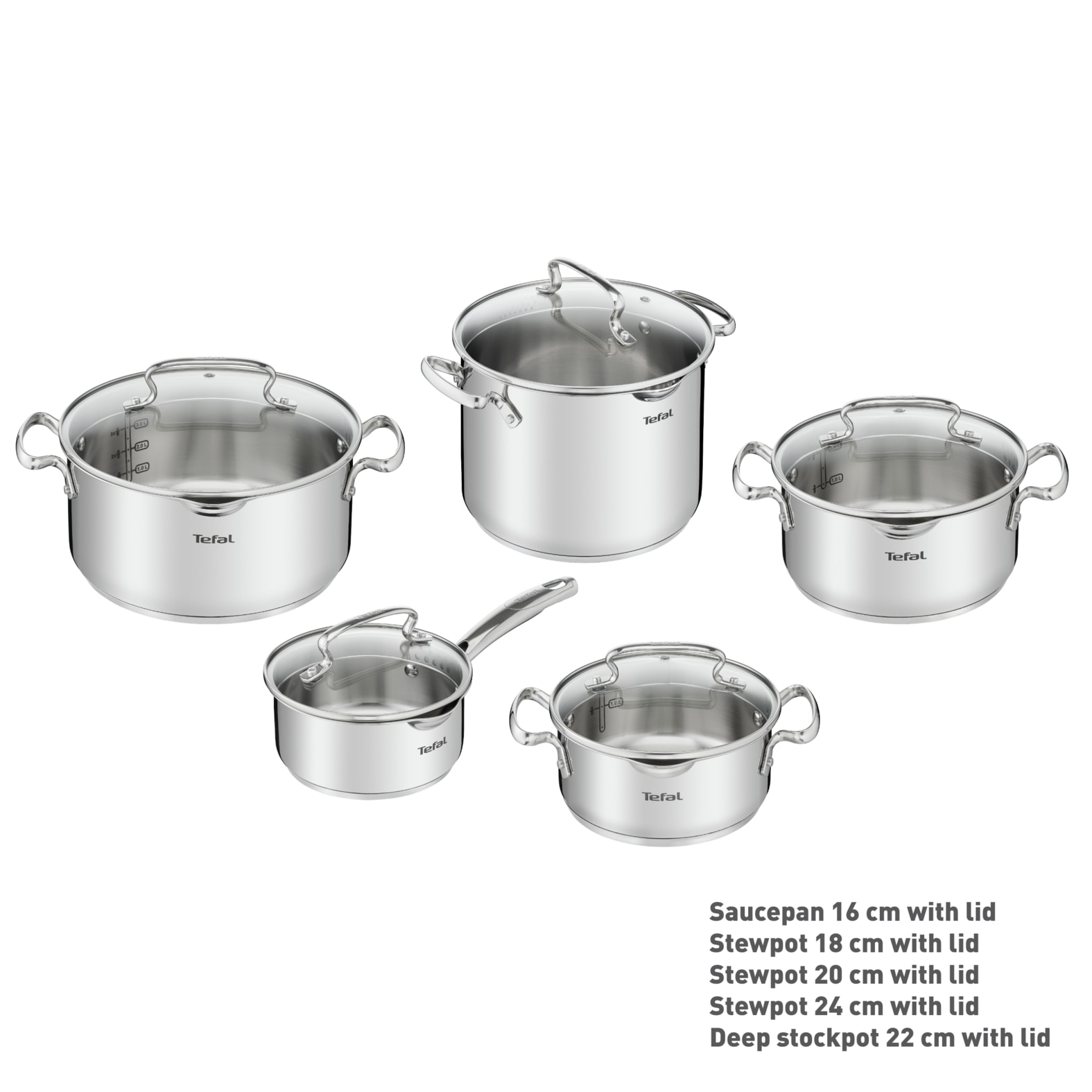 Tefal Topf-Set »Duetto+, Kochtopf Set mit Glasdeckel« Set, Stieltopf 16 cm, Schmortöpfe 18/20/24 cm, Suppentopf 22 cm, 10 tlg. Edelstahl