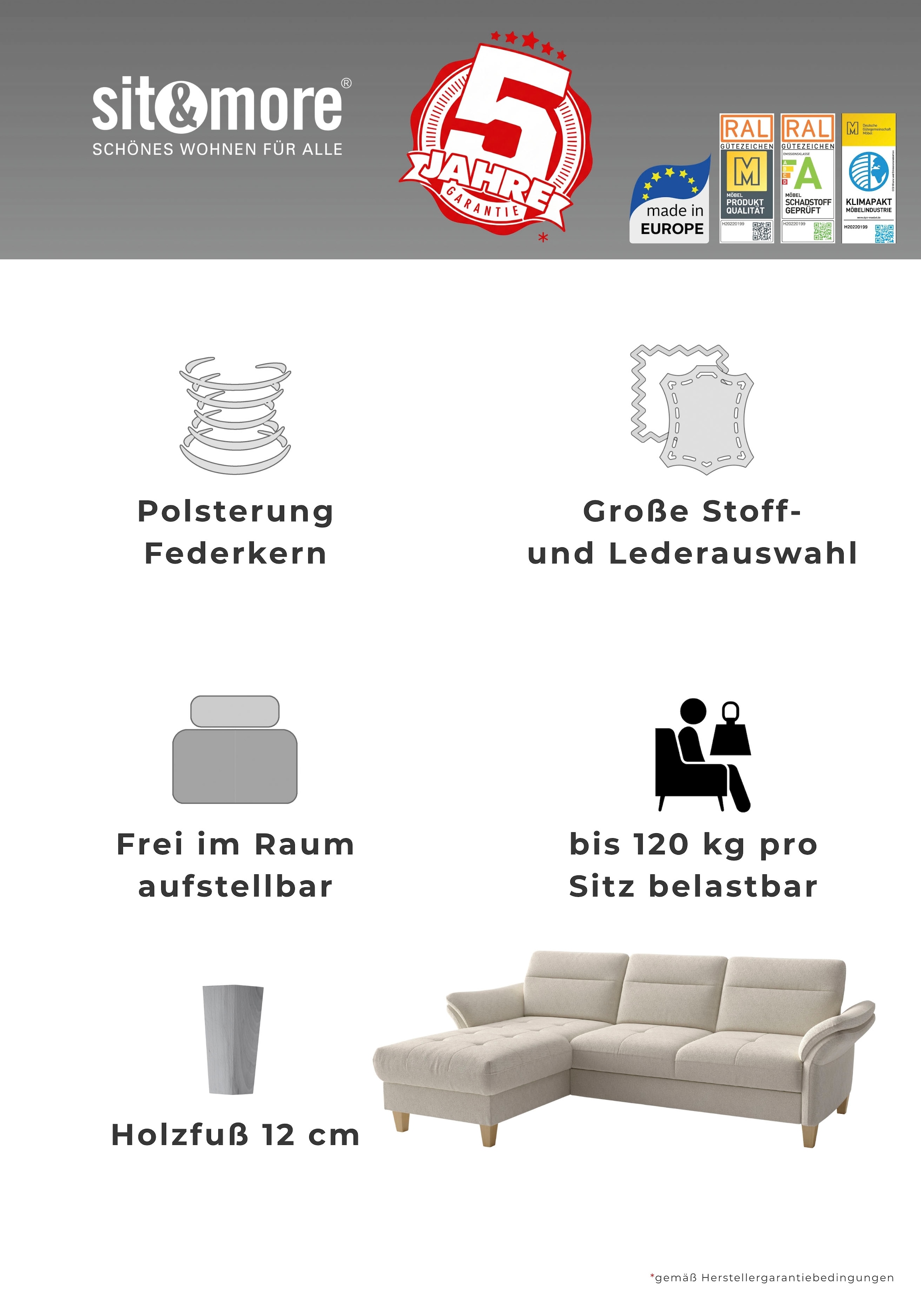 sit&more Wohnlandschaft »Pamela U-Form, B: 292 cm, optional Schlaffunktion & Bettkasten« wahlweise mit Armteilverstellung, Sofa mit Federkern, Sitzhöhe: 48 cm