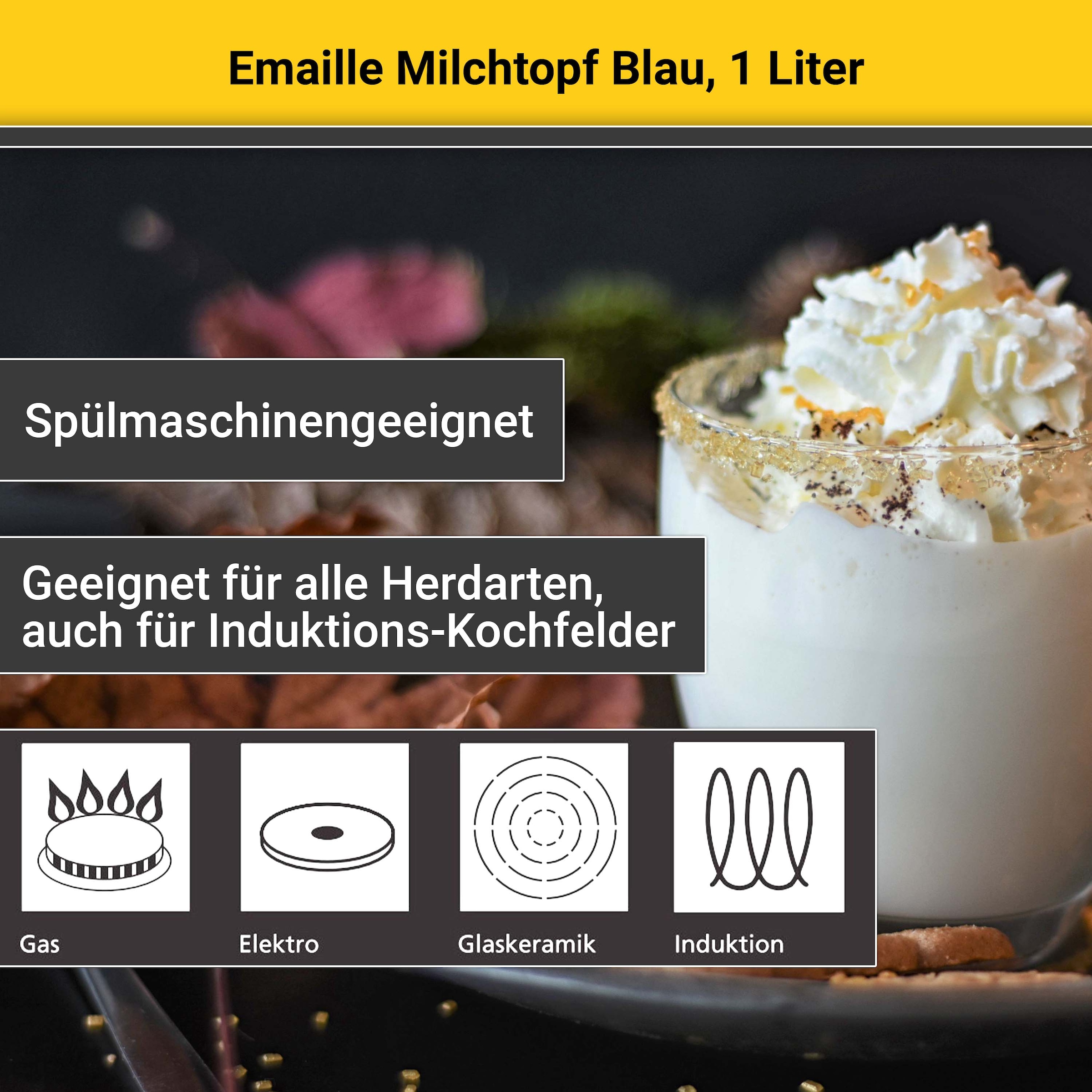 Krüger Milchtopf, Emaille, (1 tlg.), Literskala, 1 Liter, für Induktions-Kochfelder geeignet