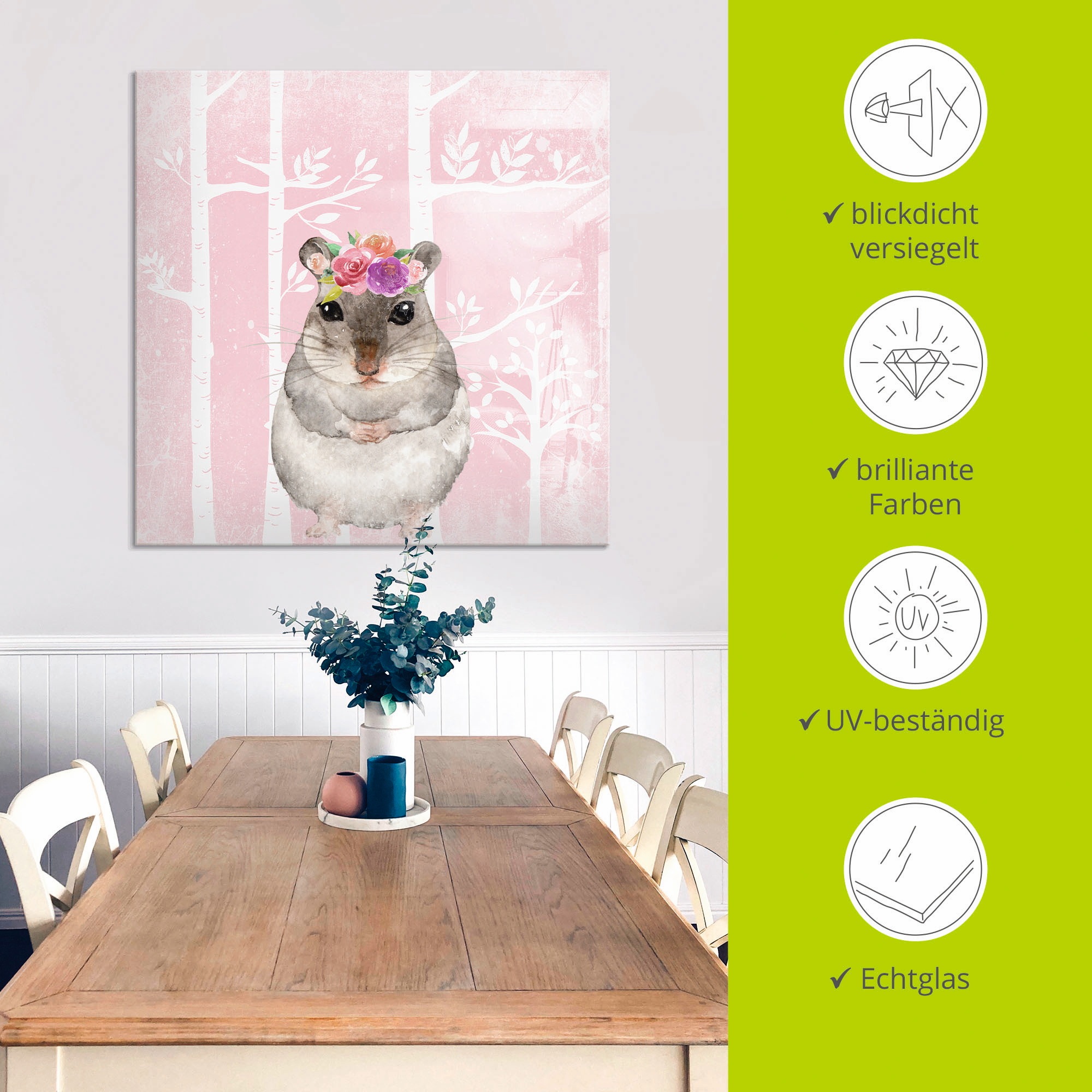 Artland Glasbild »Hamster mit Blumen im pink Wald«, Tiere, (1 St.), in verschiedenen Größen