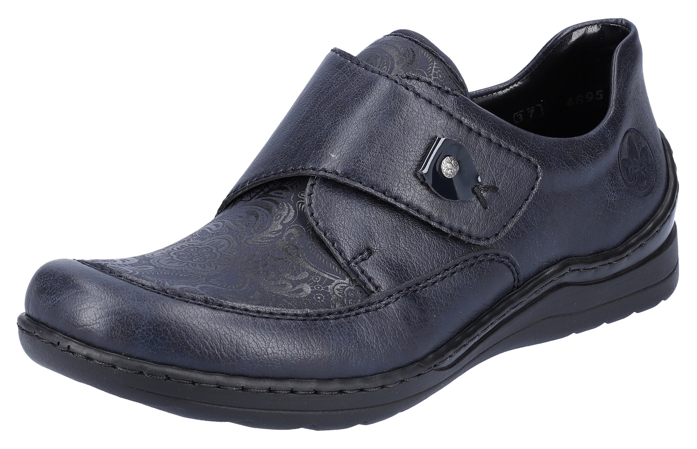 Rieker Damen Klettschuh mit dezentem Paisley-Muster in blau, Größe 42
