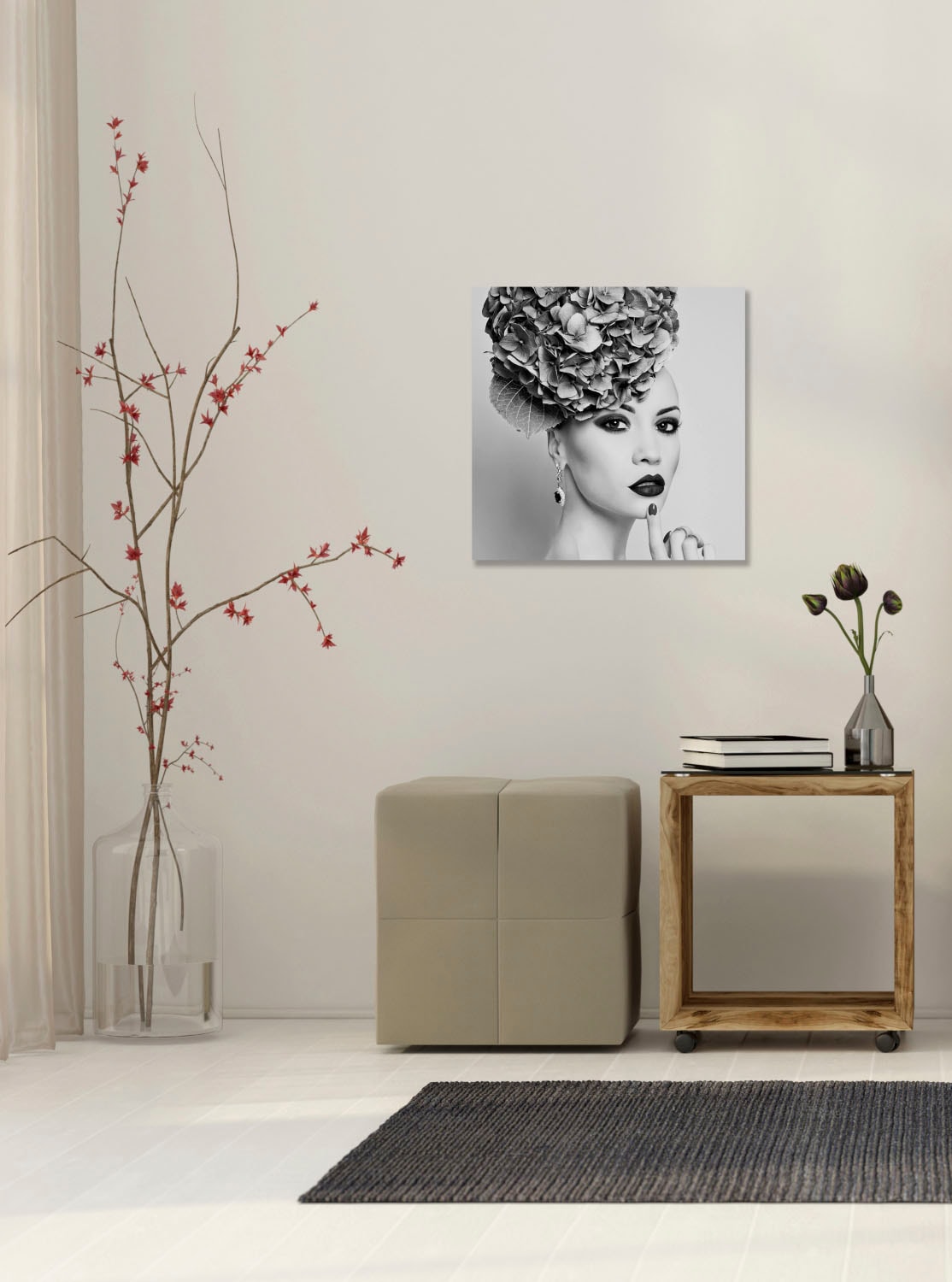 queence Acrylglasbild »Frau mit Blumenhut« Bilder von Frauen | Frau | Kunst | Schwarz-Weiß Fine Art-Print in Galeriequalität