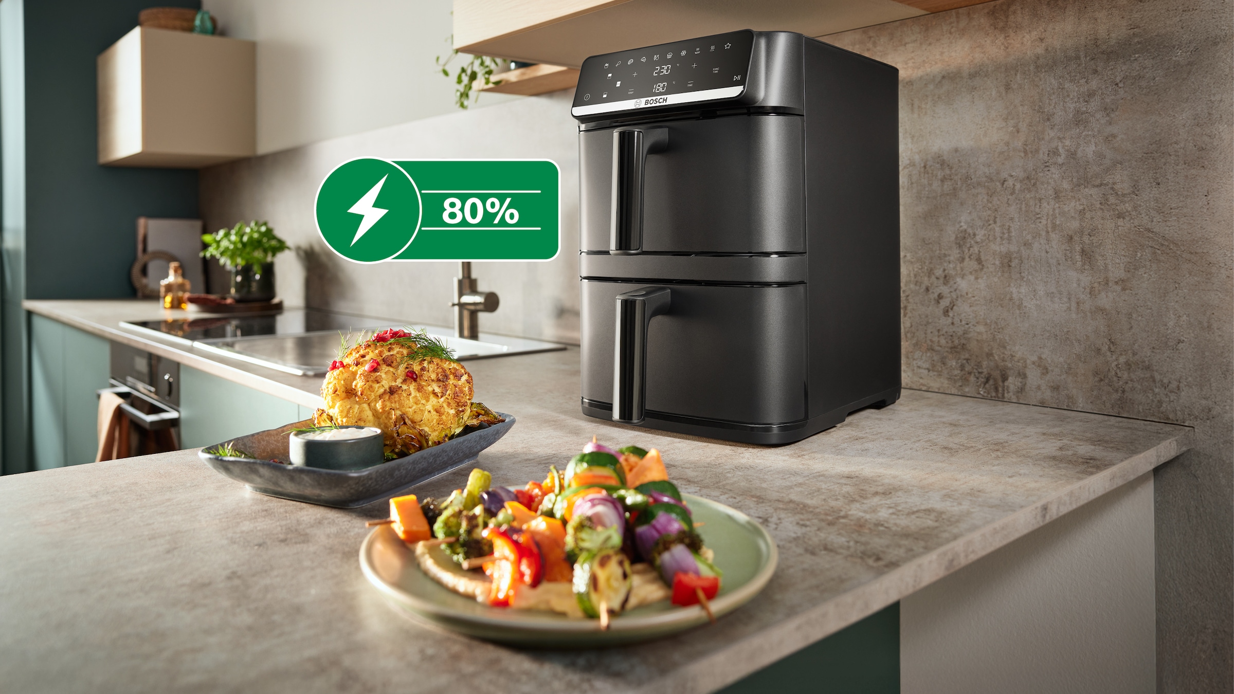 BOSCH Heißluftfritteuse »Serie 6 MAFD661B0, XXL Heißluftfritteuse, 12L, PFAS frei, Doppelkammer« 2800 W platzsparend, einfache Reinigung, weniger Fett, 6 Programme, schwarz