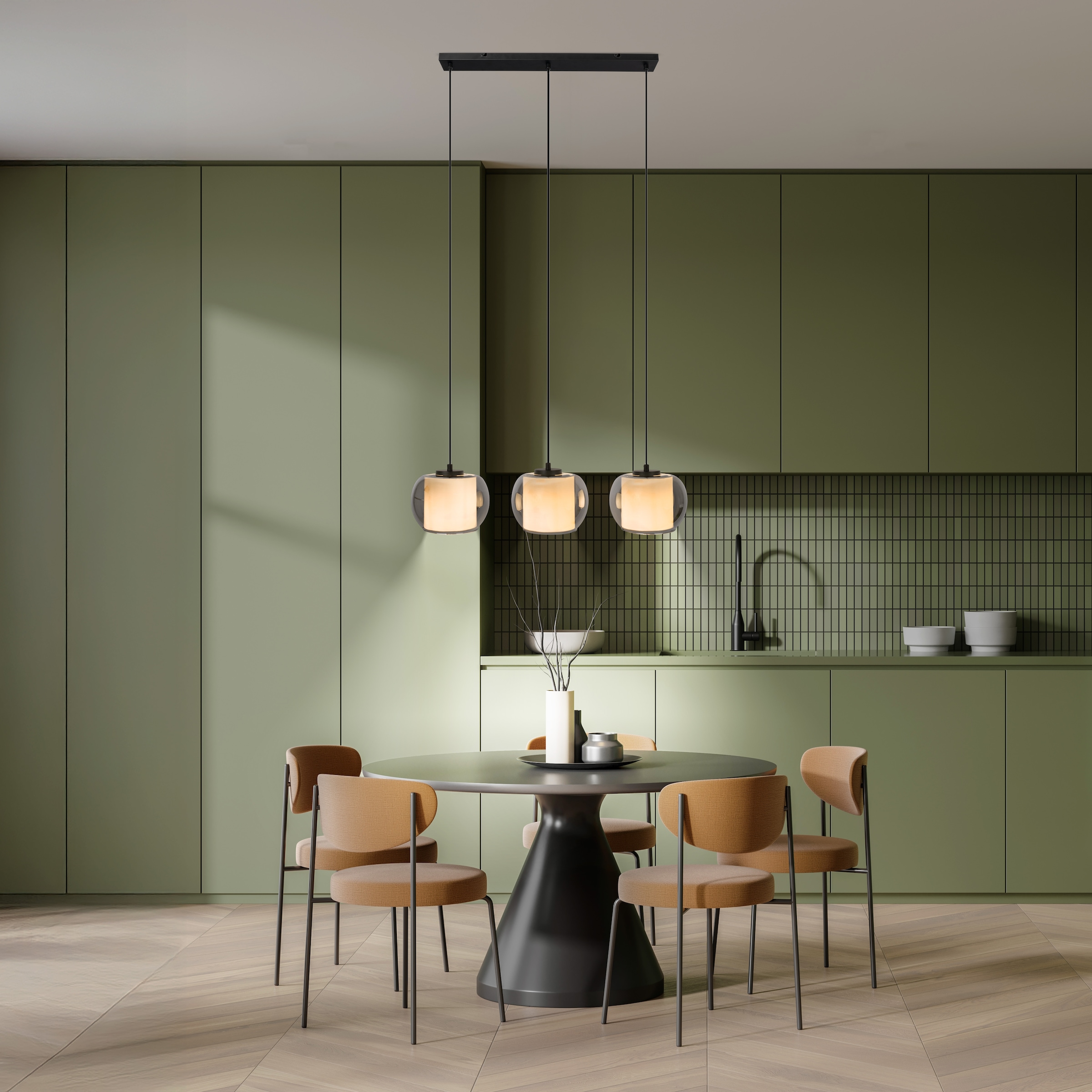 OTTO home Pendelleuchte »Tanissa mit Doppelschirm« E27 1 Stk. Pendellampe, Rauchglas, innen Stoffschirm, E27, Glasschirm, Glaskugel