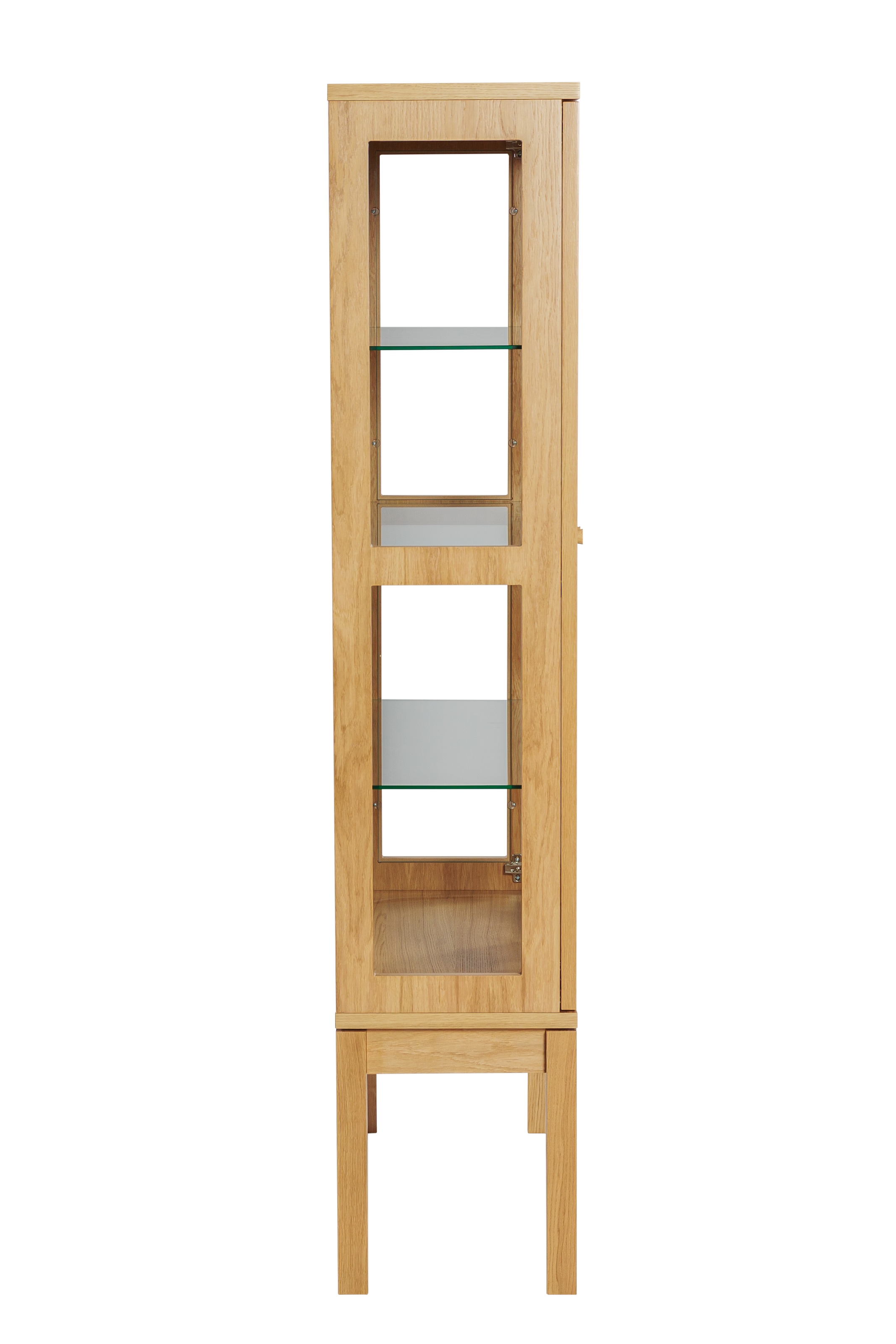 andas Vitrine, Holzfurnier aus Eiche, Griffe und Füße aus massiver Eiche