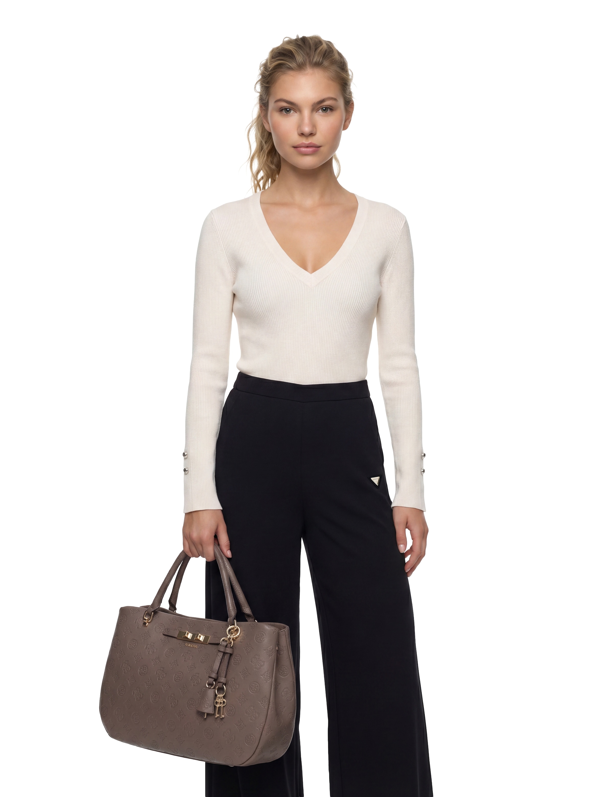Guess Umhängetasche »CARMELLA GIRLFRIEND SATCHEL« Damen Handtasche mit abnehmbarem Schlüsselanhäner