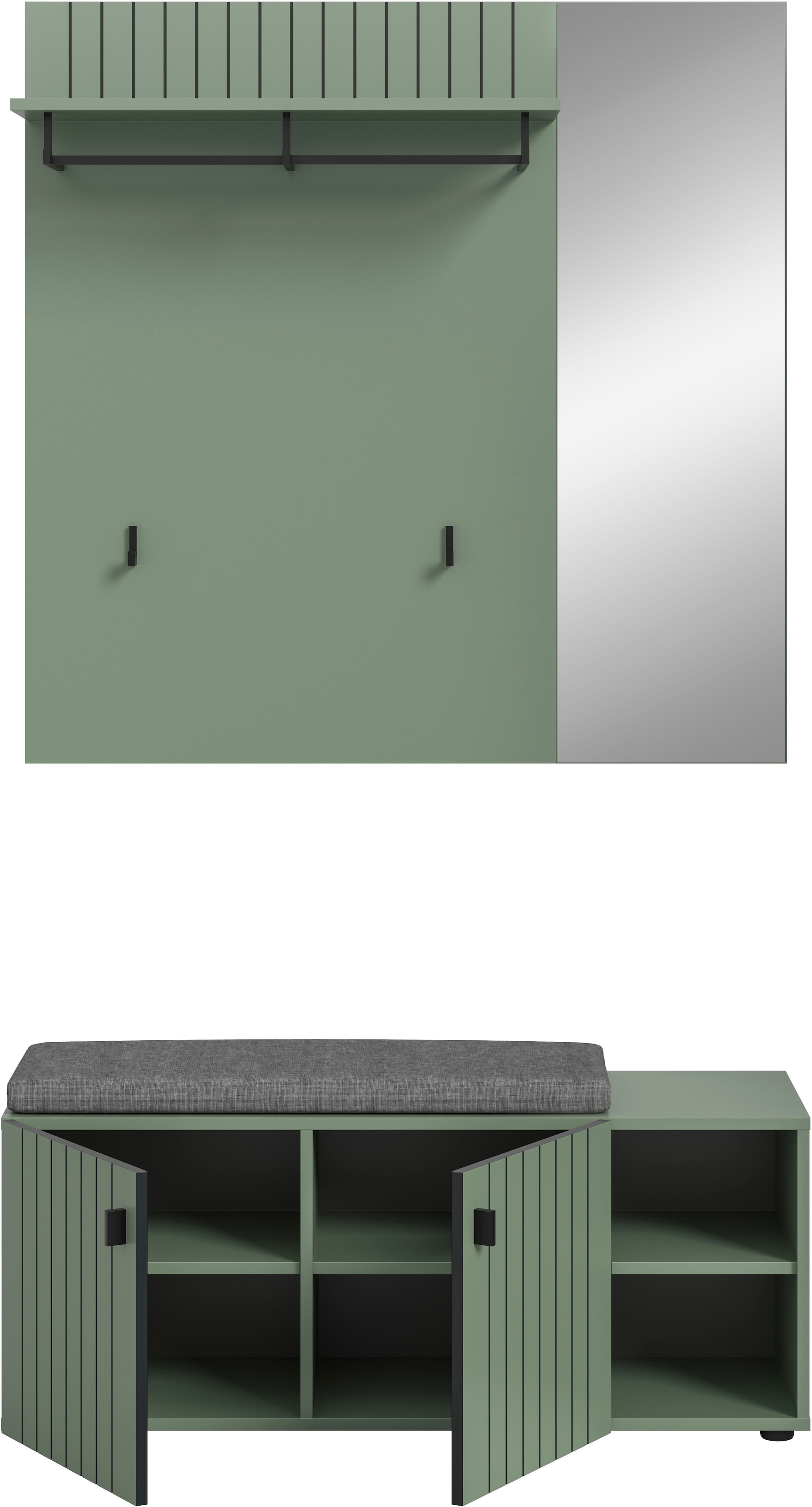 Home affaire Garderoben-Set »TATIO, 3-tlg. Garderobenkombination, Breite: 106 cm, Rillenfräsung« Set, Set, best. aus: 1Paneel, 1 Garderobensitzbank inkl. Kissen, 3 Stk. tlg.