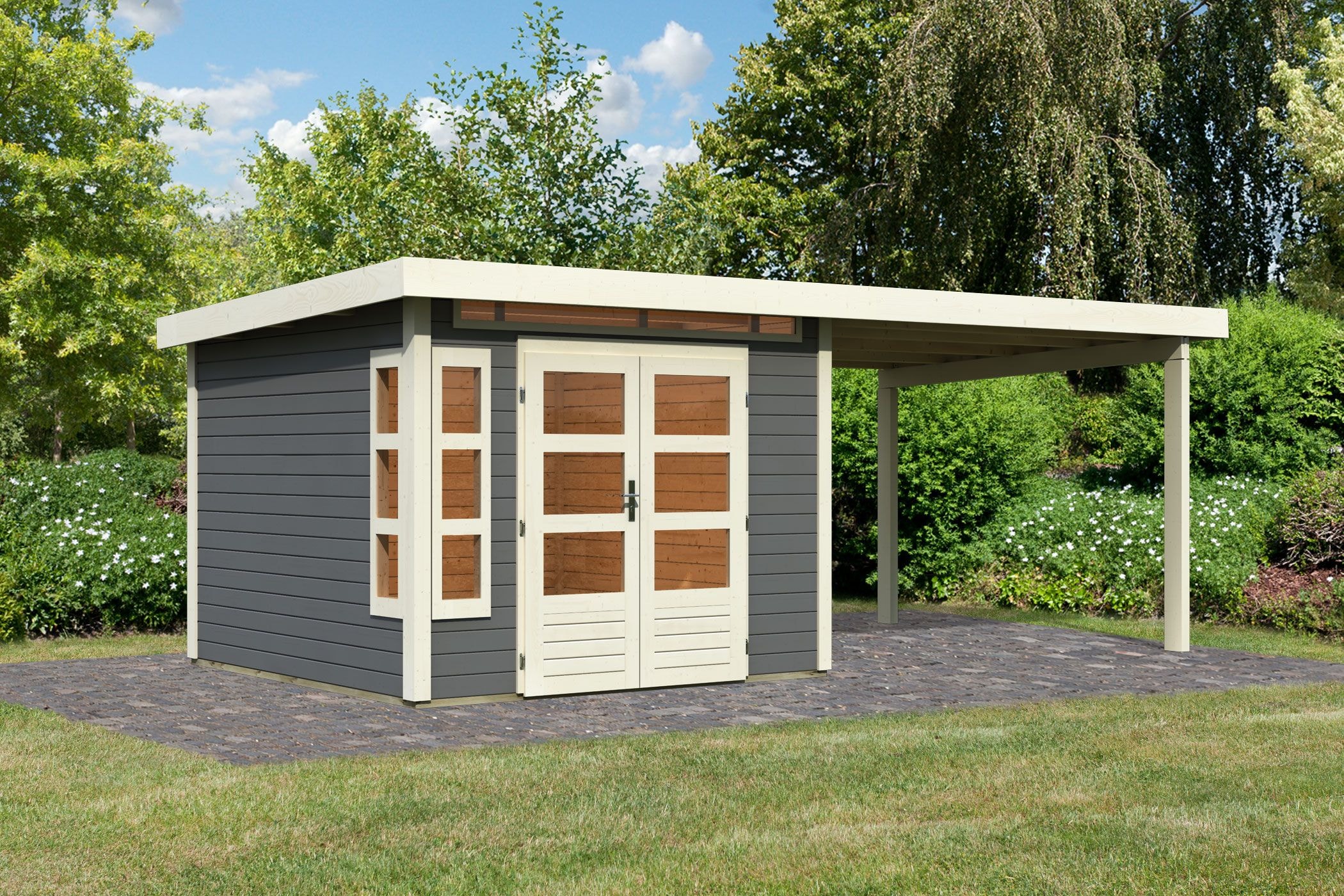Karibu Gartenhaus »Kolimasee 6« mit Anbaudach 3,2 m, terragrau