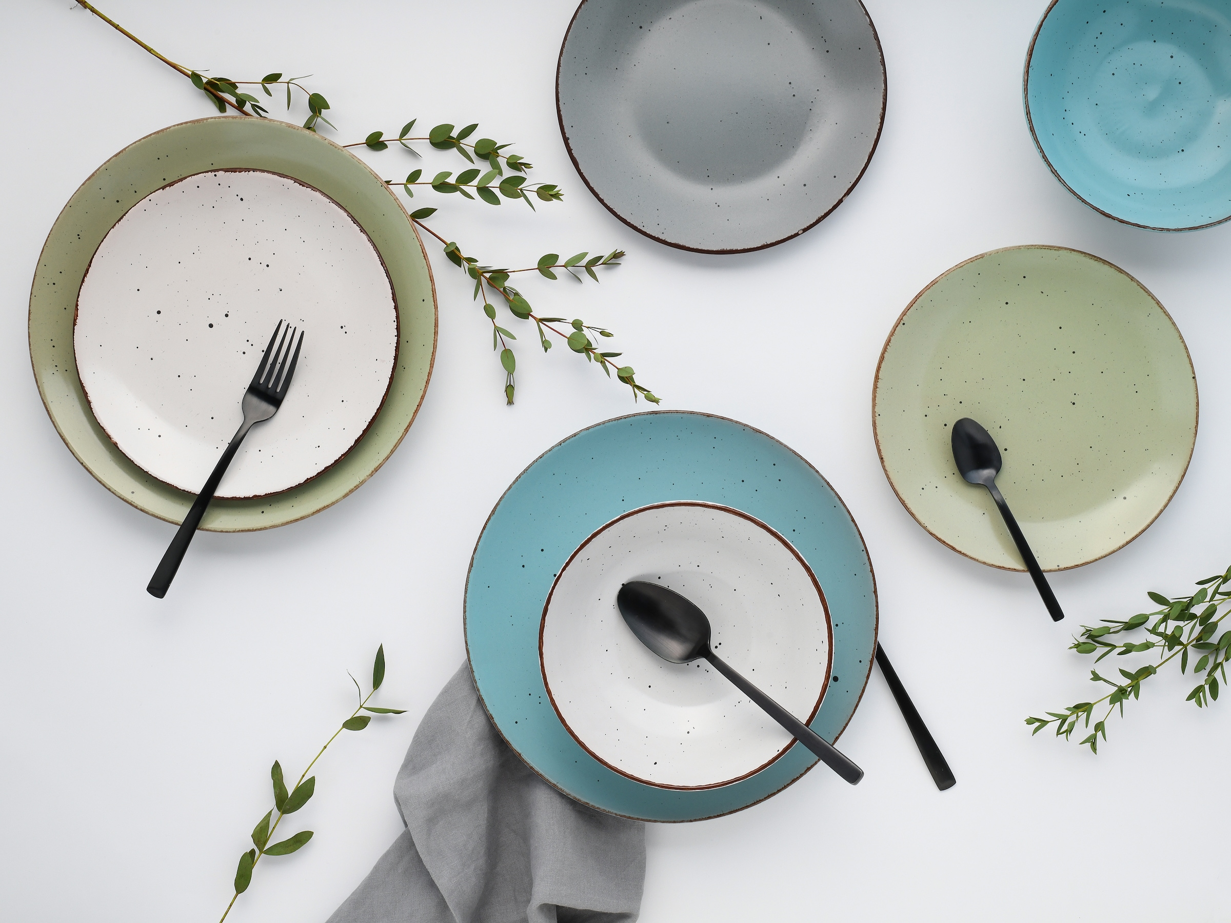 CreaTable Teller-Set »Fashion Bunt, Tellerset 12-tlg.« Vintage Look, Seidenmatte Glasur, Handgemalte Ränder