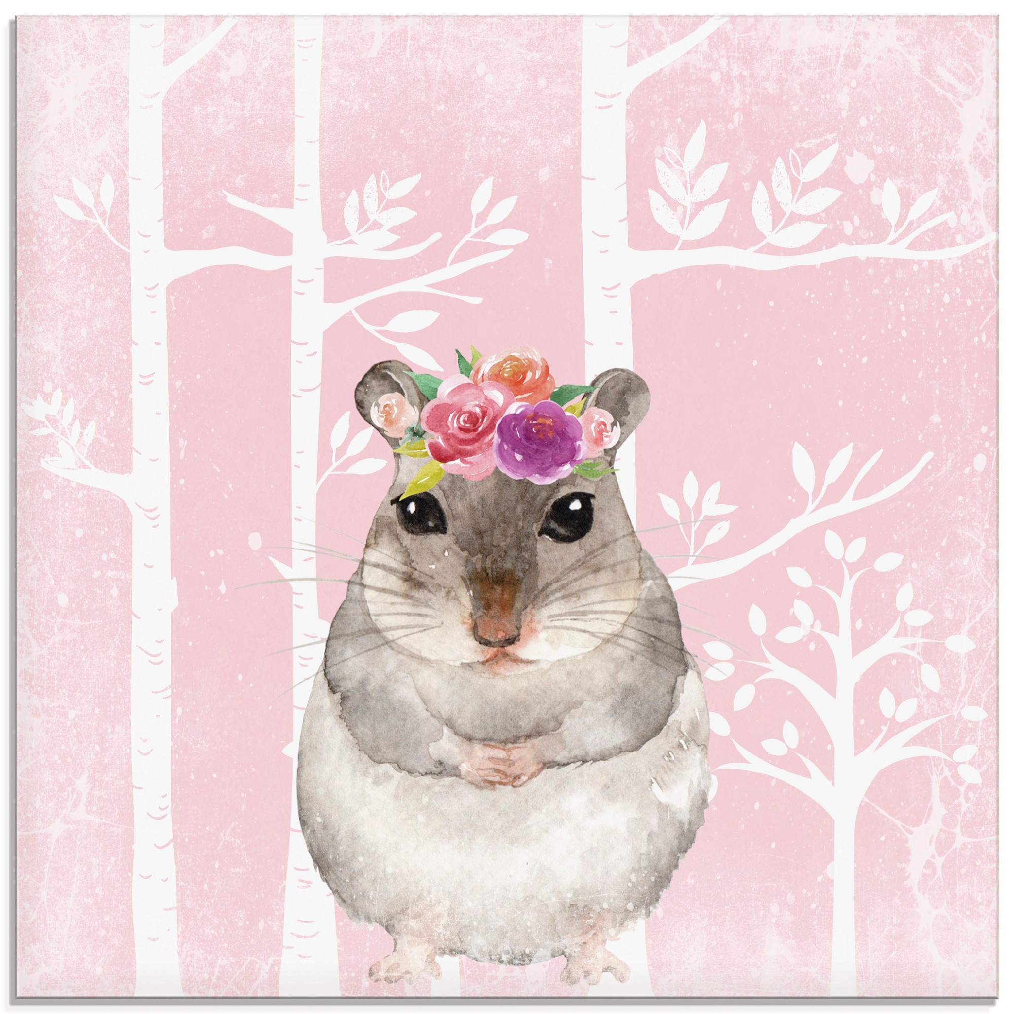 Glasbild »Hamster mit Blumen im pink Wald«, Tiere, (1 St.), in verschiedenen Größen
