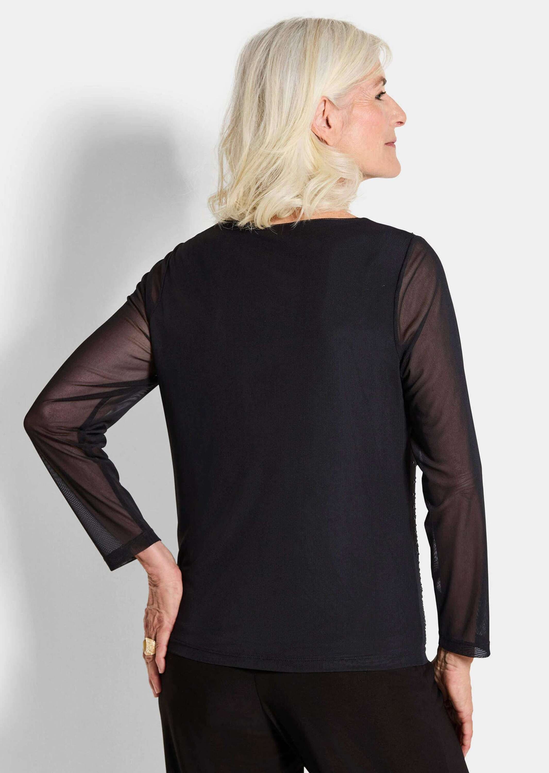 GOLDNER Langarmshirt »Kurzgröße Shirt aus Mesh mit Glitzersteinen« Glitzersteine