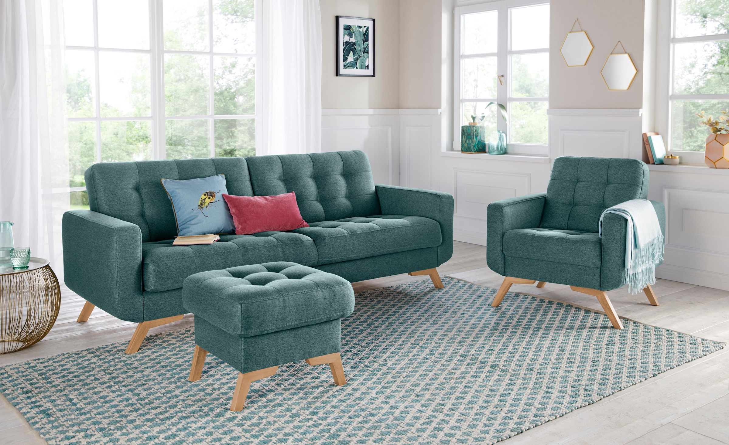 exxpo - sofa fashion 3-Sitzer »Fiord, aktuelles Design, tolle Detailverarbeitung im Sitz und Rücken«, bequem, wahlweise Kippcouch mit Bettfunktion und Bettkasten, Holzfuß