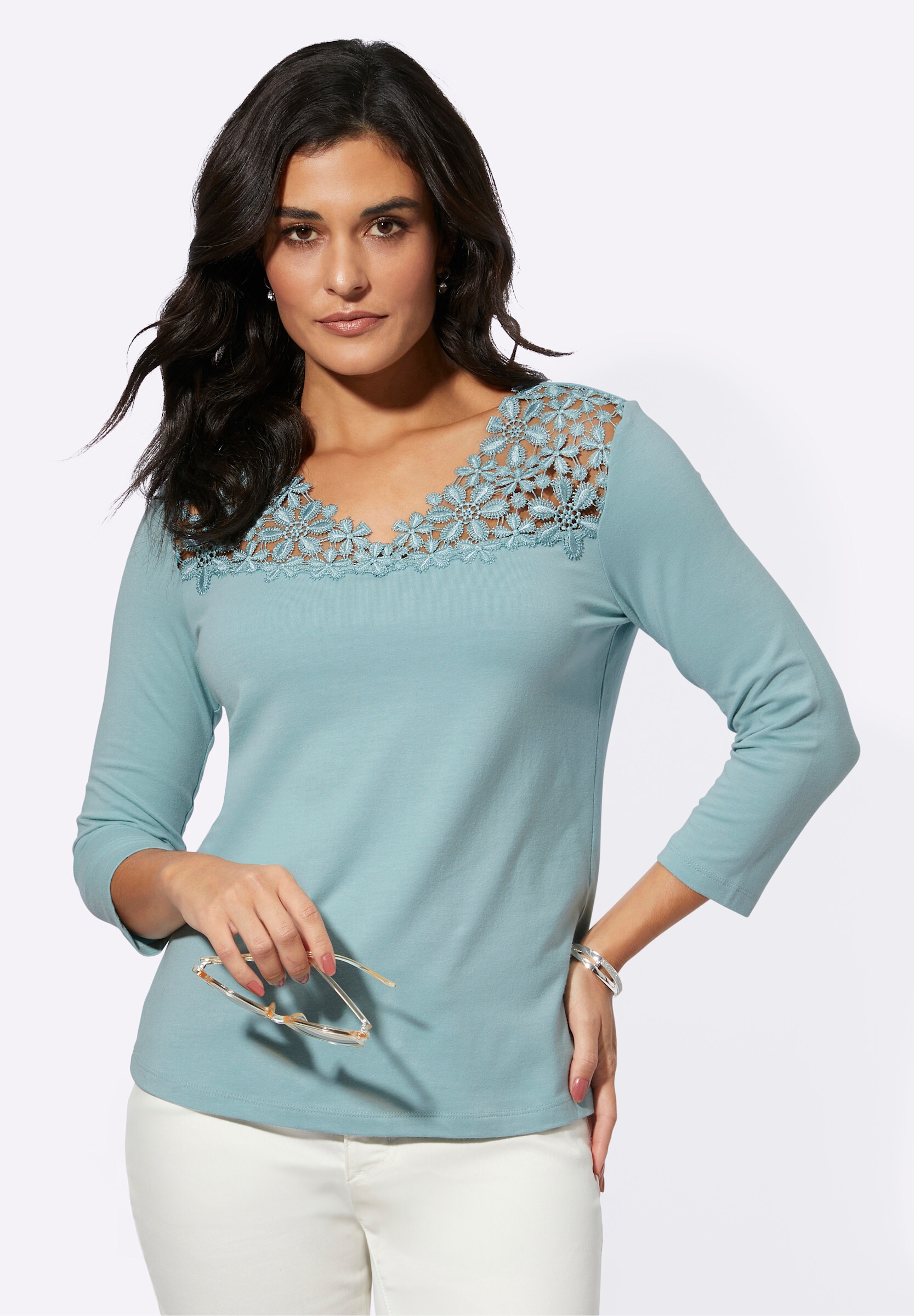 creation L T-Shirt »Modal-Mix-Shirt V-Shirt mit Blütenspitze«