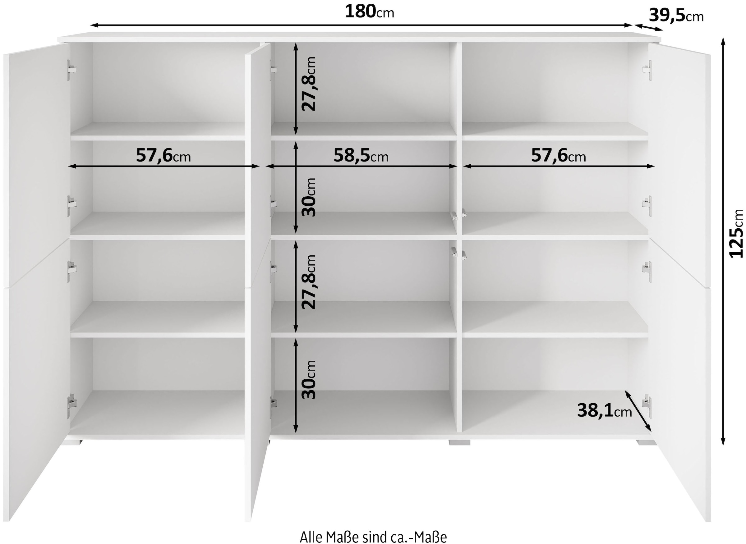 OTTO home Highboard »Kenia, moderne grifflose Hochkommode mit 6 Türen, Breite 180 cm« 1 Stk. tlg. Push-to-Open-Fronten, höhenverstellbaren Einlegeböden