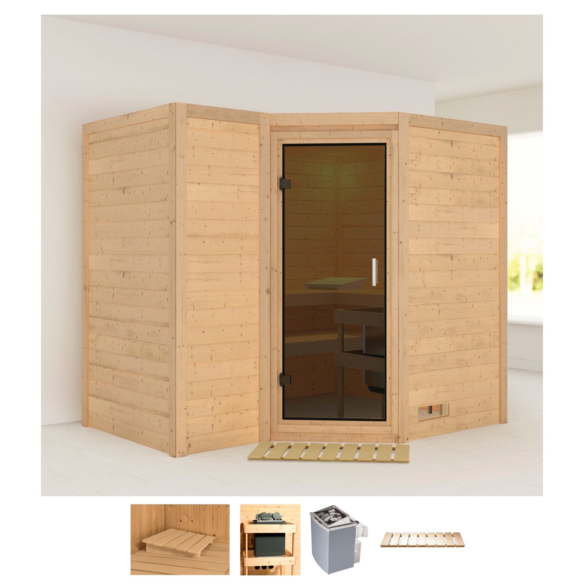 Karibu Sauna »Sanna 2«, (Set), 9-kW-Ofen mit integrierter Steuerung