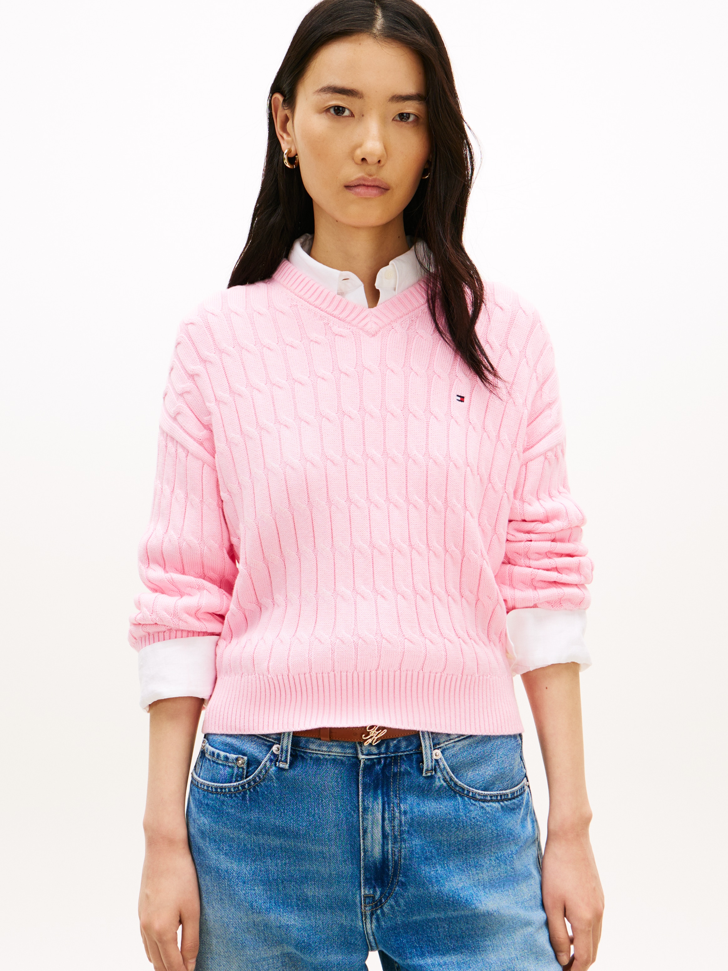 Tommy Hilfiger Strickpullover »CO CABLE MID GG RLX LS V-NK SWT« mit Zopfmuster