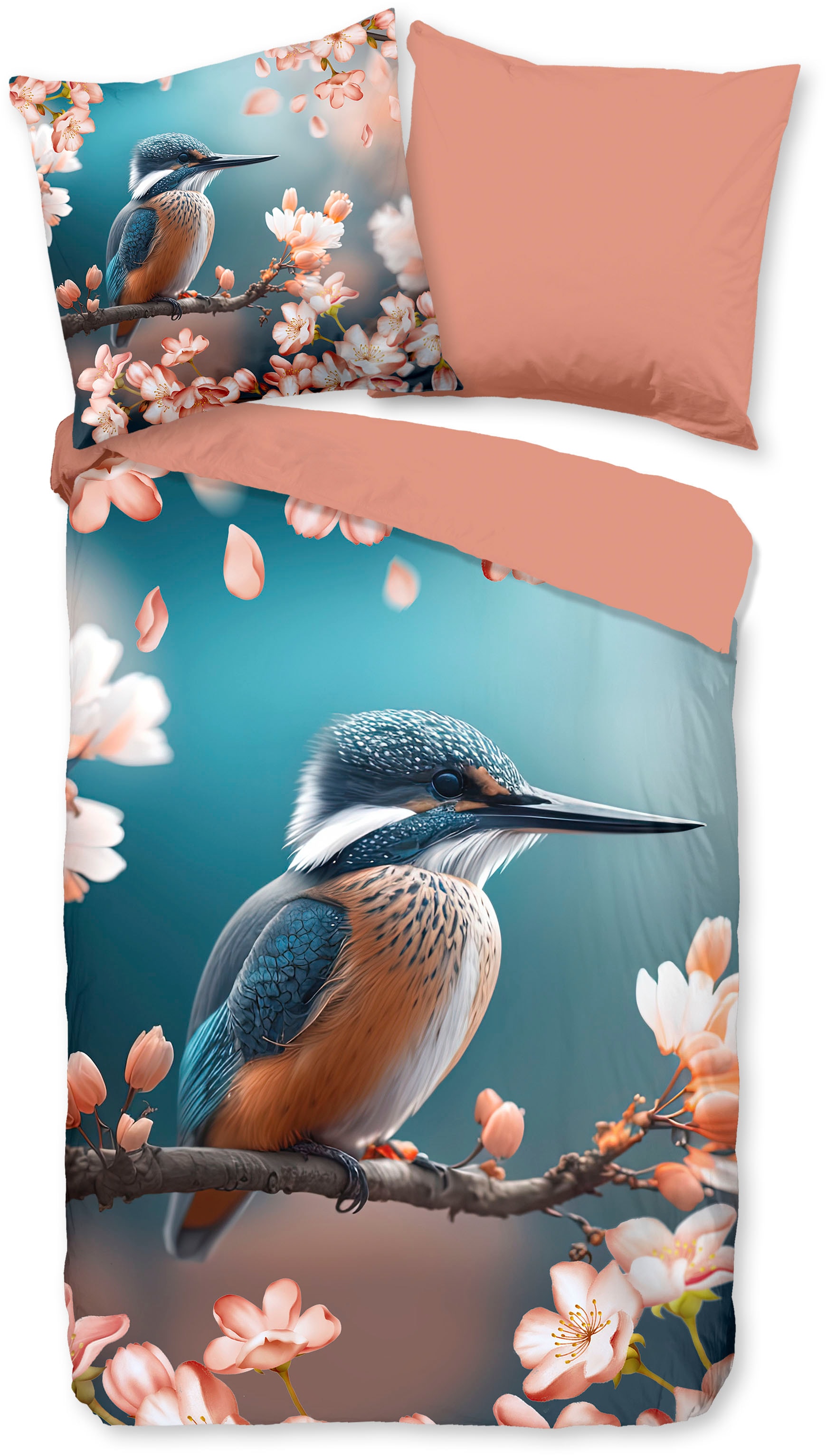 good morning Wendebettwäsche »Monti«, 100% Baumwolle, Renforcé, Reißverschluss, Wendeoptik, Blumen, Eisvogel