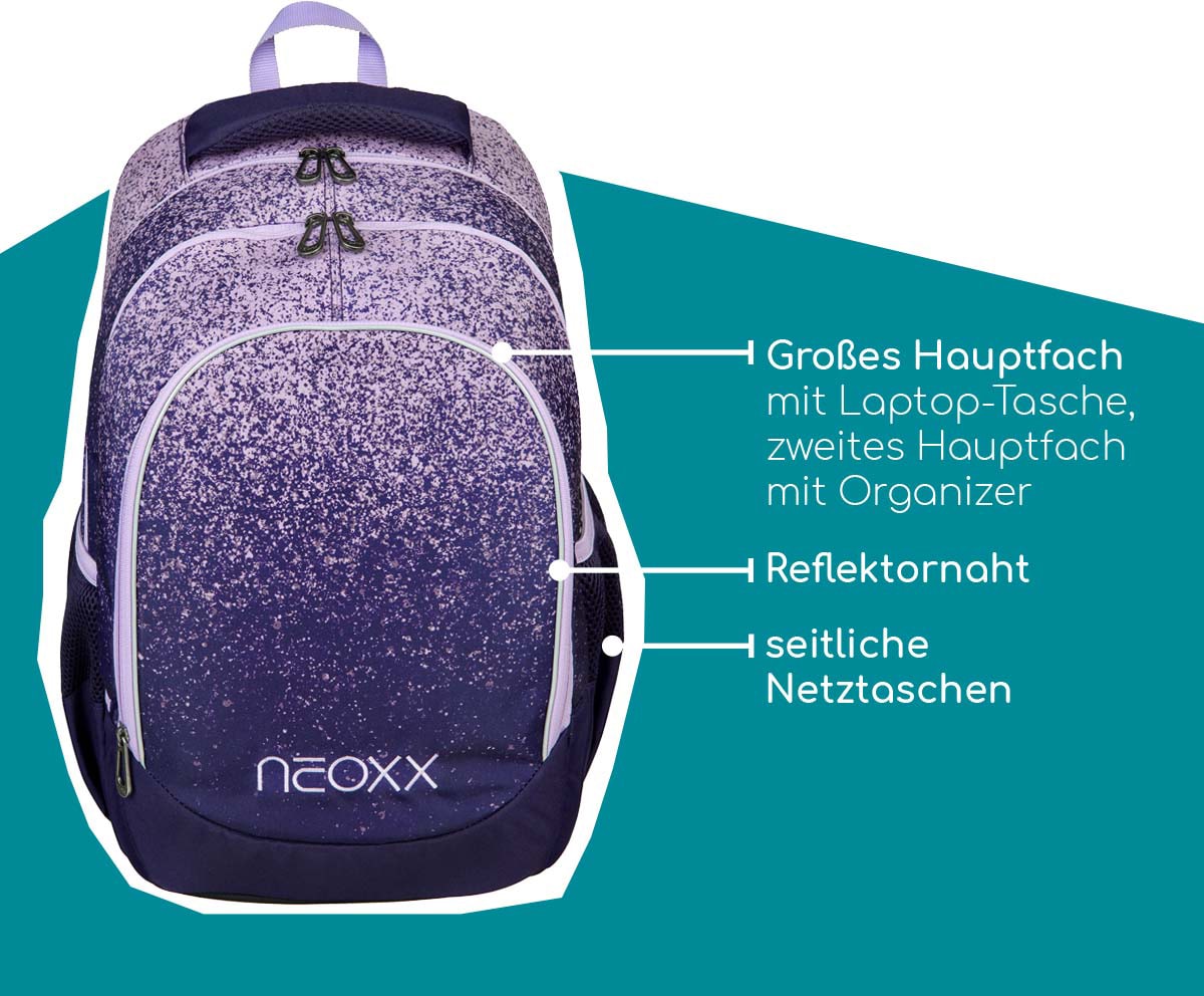 neoxx Schulrucksack »Fly, Glitterally perfect«, Reflektionsnaht, aus recycelten PET-Flaschen