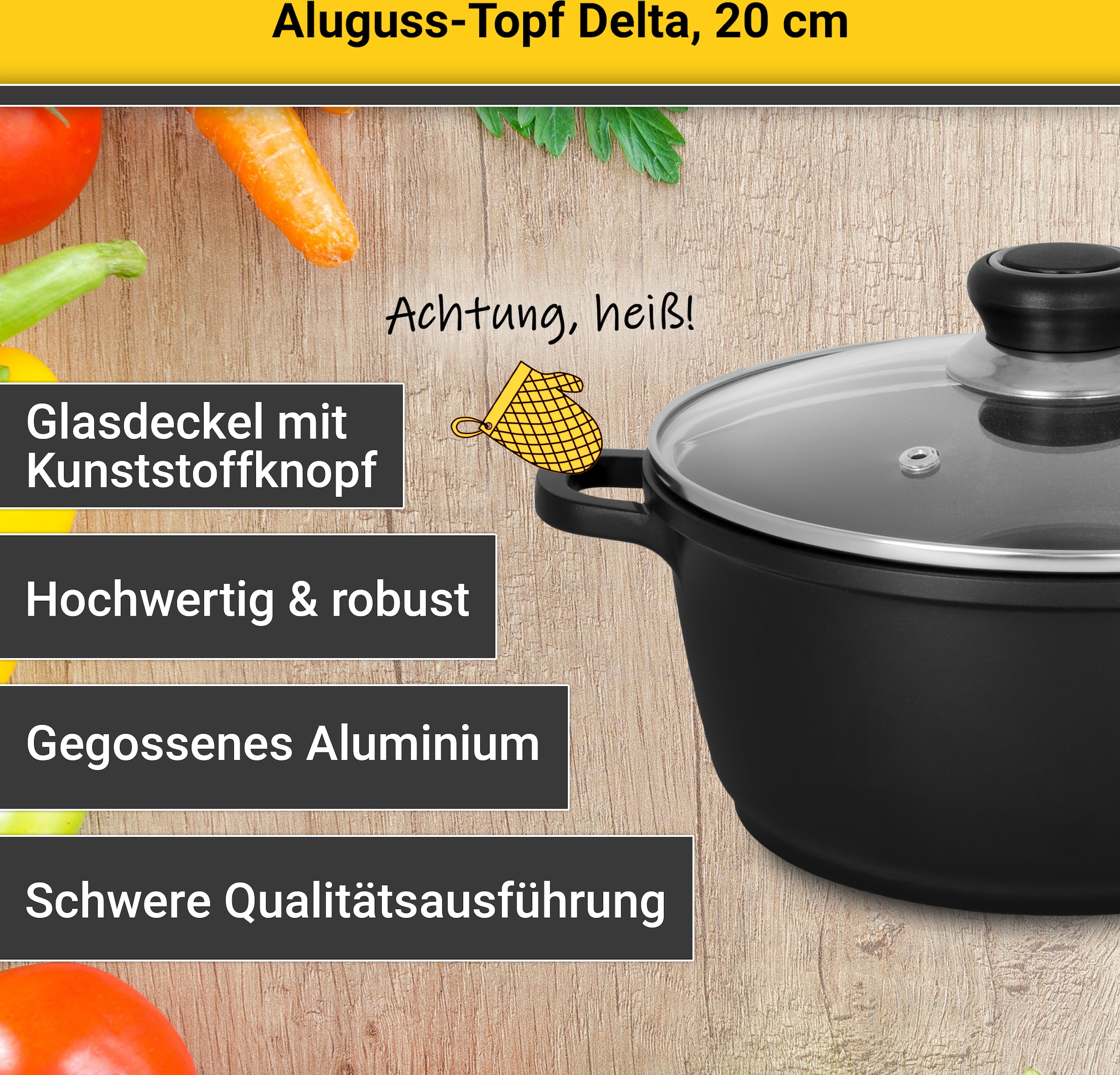 Krüger Fleischtopf »Aluguss Fleischtopf mit Glasdeckel DELTA«, Aluminiumguss, (1 tlg.), für Induktions-Kochfelder geeignet