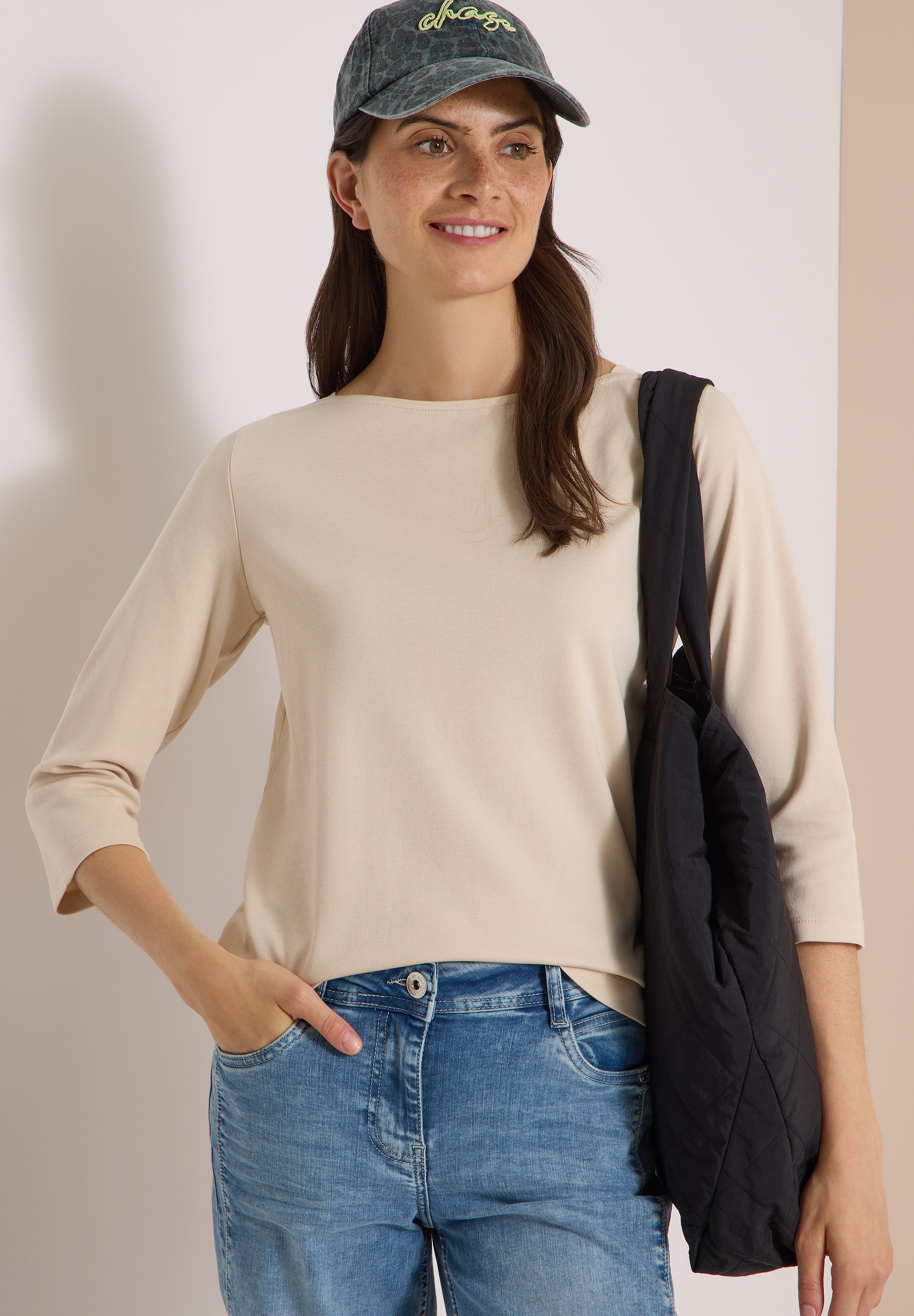 Cecil 3/4-Arm-Shirt U-Boot-Ausschnitt, unifarben, Baumwolle