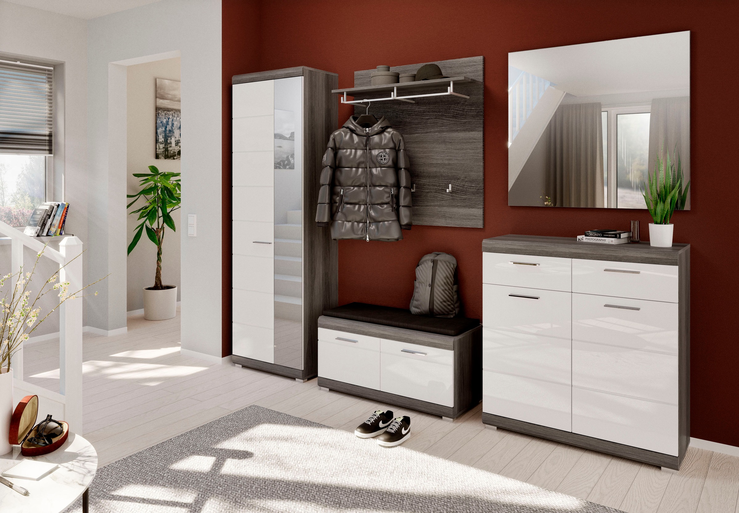 INOSIGN Garderobenschrank »Siena, Höhe 197cm, 2 Türen, 4 Einlegeböden, ausziehbare Kleiderstange«, Front-Rillenfräsung, Stauraumschrank, Flurschrank, Dielenschrank