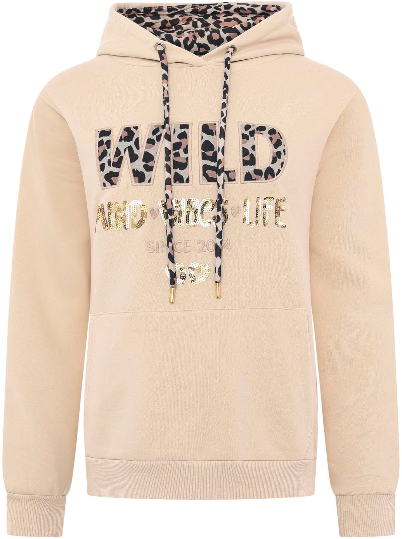 Hoodie »"Wild Free"«, mit Paillettenschriftzug und Details in moderner Leo-Optik