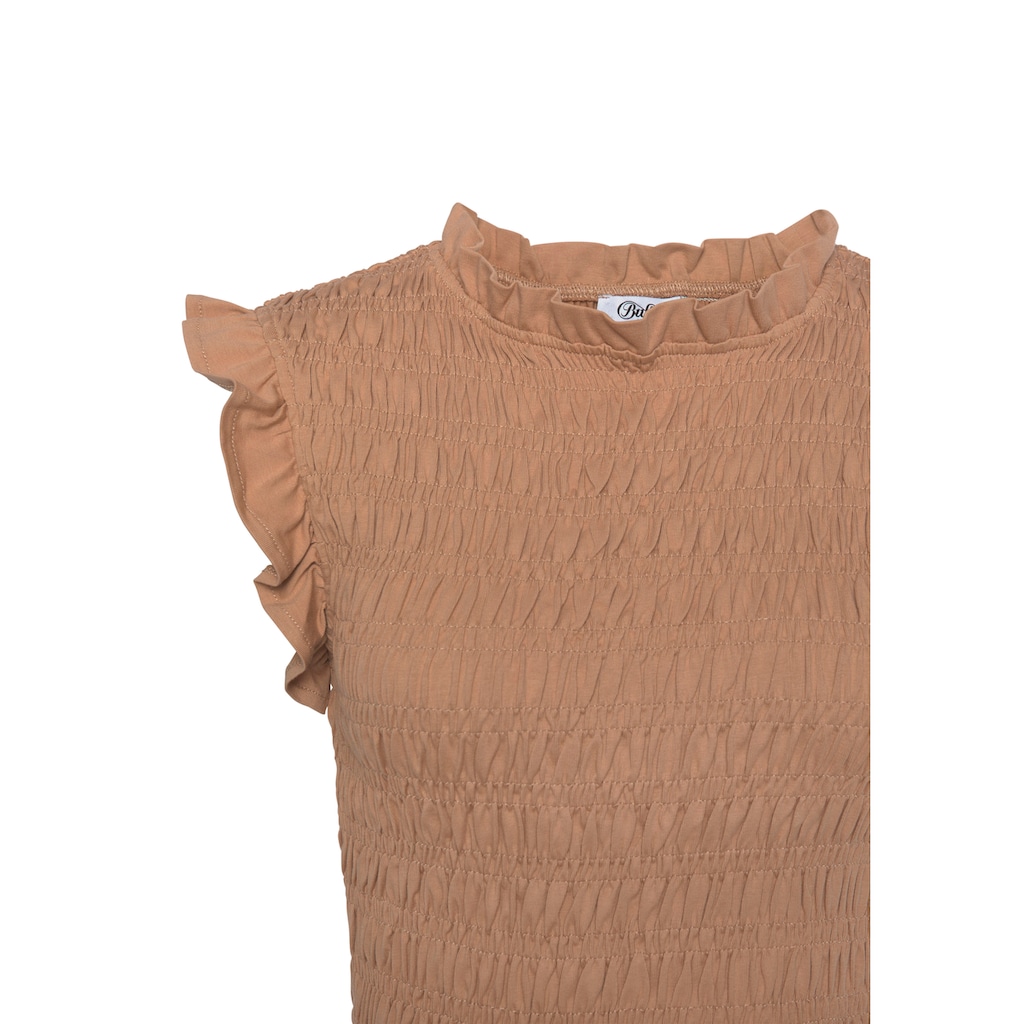Buffalo Rundhalsshirt, aus gesmoktem Baumwollstoff, Kurzarmshirt mit Rüschenärmel