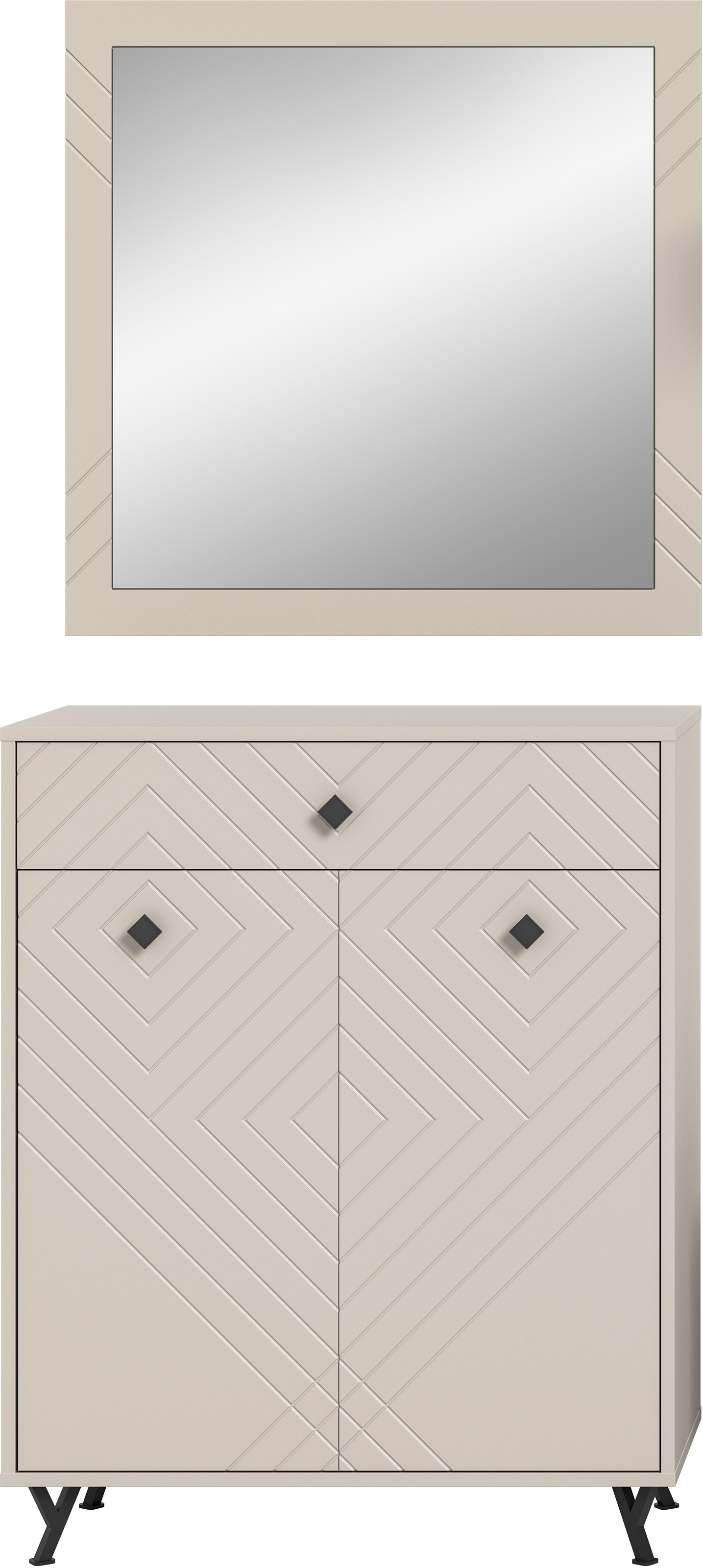INOSIGN Garderoben-Set »Mento, 2-teilig, Ornamentfräsung in der Front, bestehend aus:«, (Set, 2 St.), Schuhkommode & Spiegel, Metall Knopfgriffe & Y-Füße
