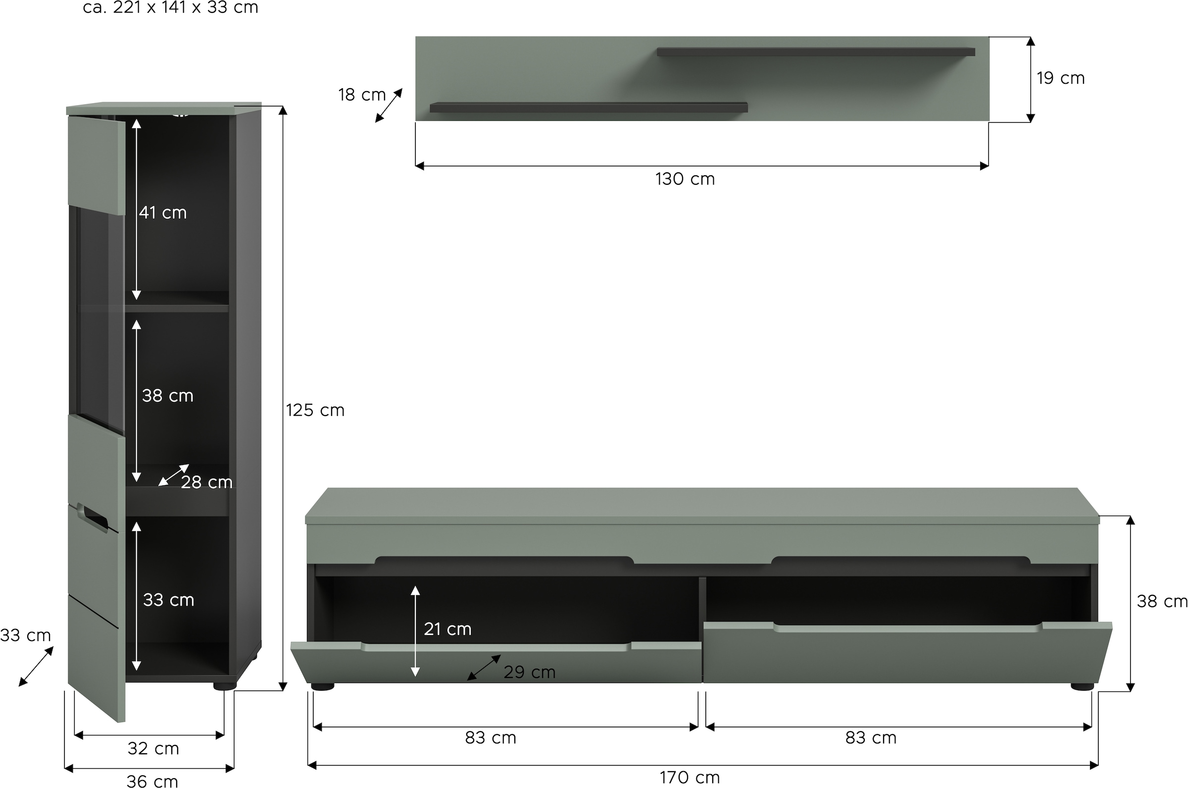 Home affaire Wohnwand »REHAT, TOPSELLER!, 3-teilig, wahlweise stehend und hängend montierbar« Set bestehend aus: Vitrine, Lowboard und Wandboard, 2 Stk. tlg.