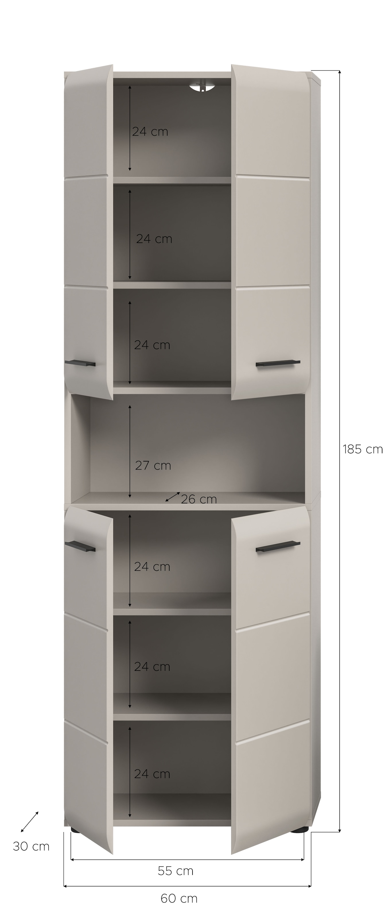 welltime Stauraumschrank »FLORENZ,  Höhe 185 cm, 4 oder 6 Türen, viel Stauraum« TOPSELLER!, 1 Stk. tlg. hochwertige MDF Front, Griff schwarz, Badschrank, Bad