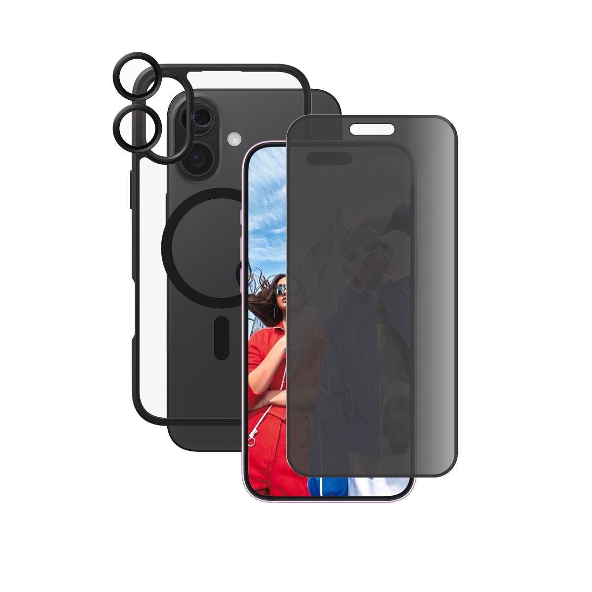 CARE by PanzerGlass Displayschutzglas »3-in-1 Protection, Privacy Glass, Case, Lens Cover«, für Apple iPhone 16 Plus, Displayschutzfolie, Schutzfolie, Bildschirmschutz, kratz- & stoßfest