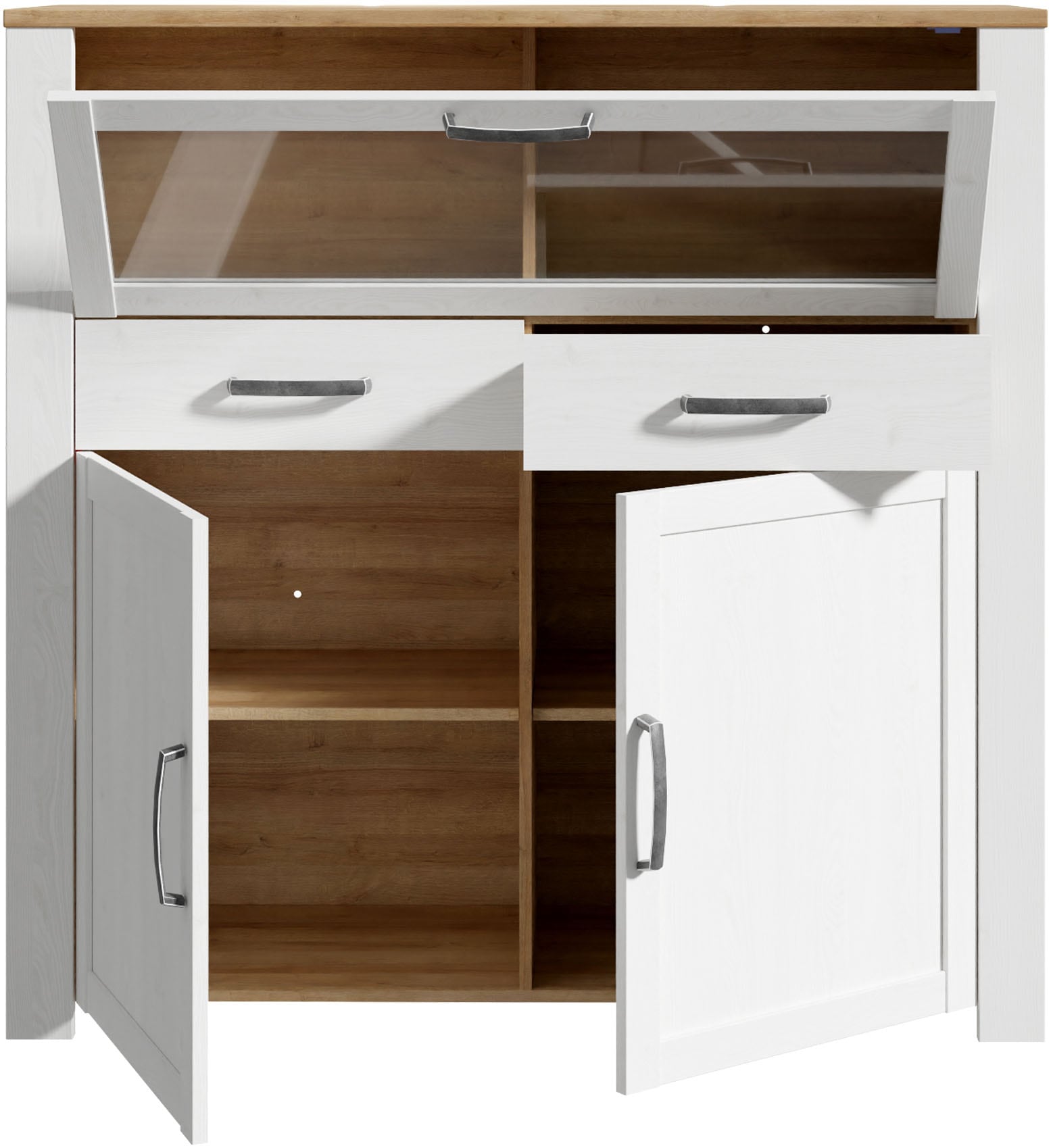 FORTE Highboard »Bohol, kleines Highboard, Klappe mit Glas, 2SK, 2Türen« B/H/T 126,4/125,4/42 cm Beleuchtung optional bestellbar