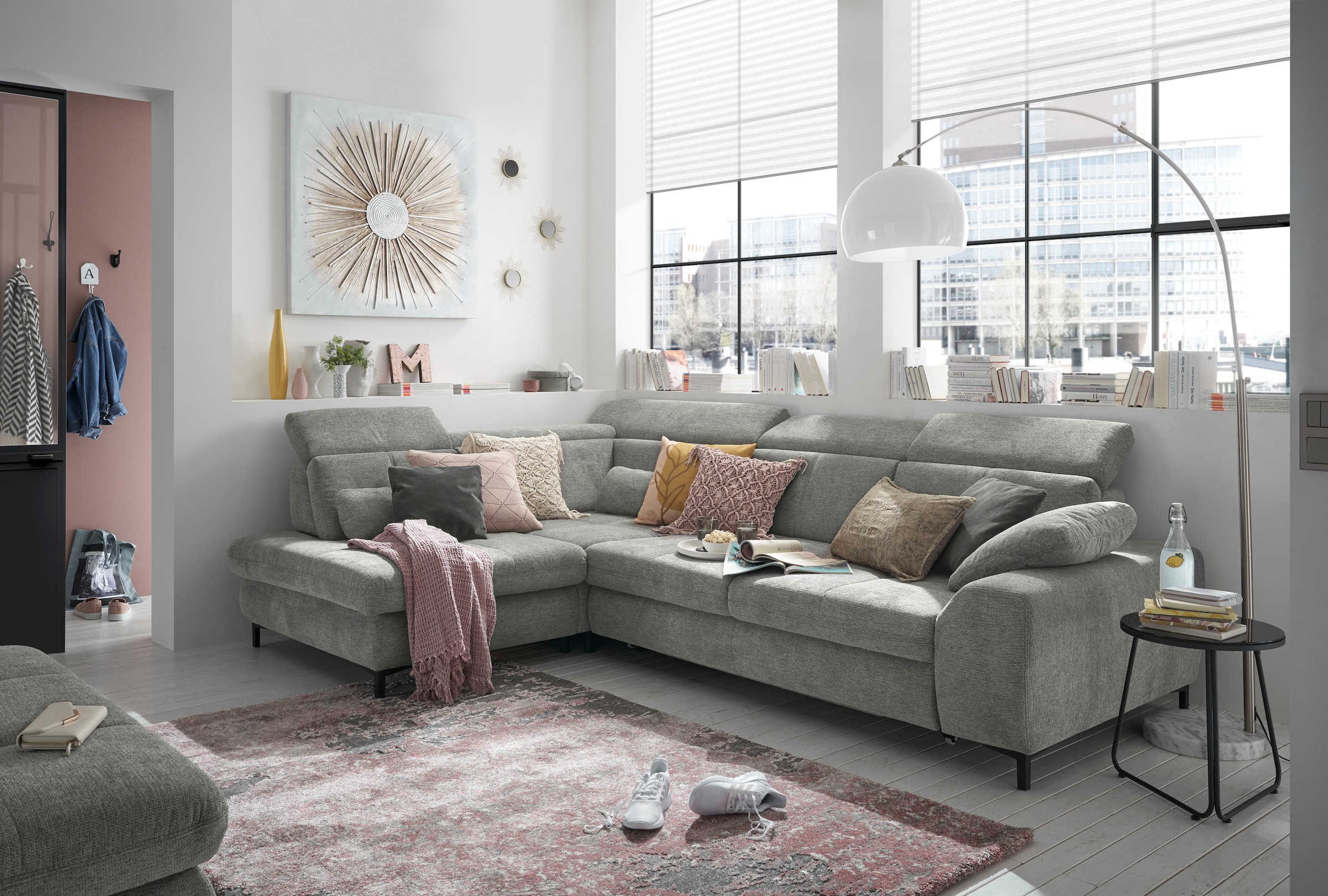 set one by Musterring Ecksofa »SO 3400 Sitzhöhe 47cm oder 49cm, Sitztiefe verstellbar, B/T 317/220 cm«, Kaltschaumpolsterung, Flachgewebe, whlw. mit Funktionen, Sitzhöhe 49