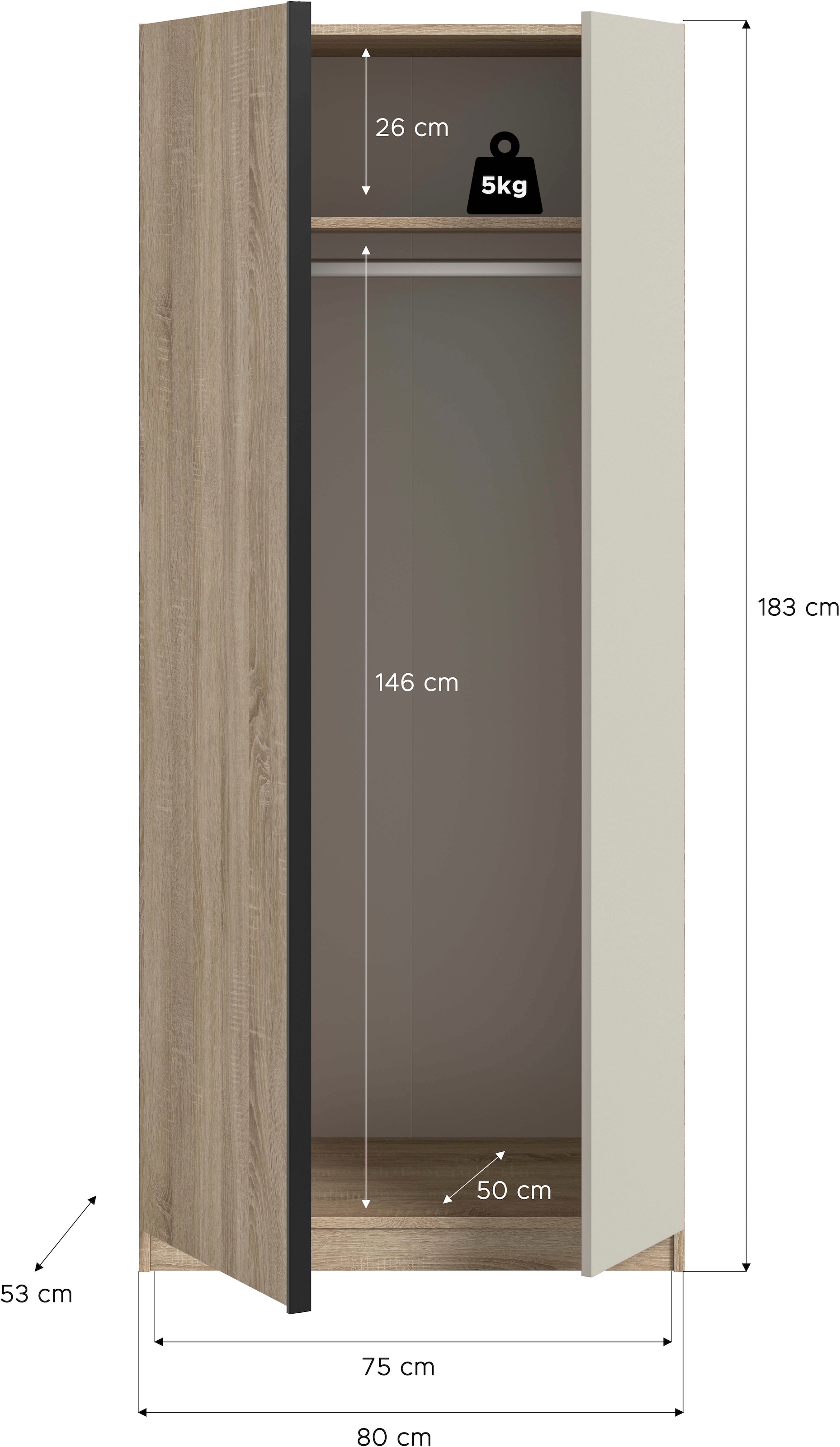 Home affaire Kleiderschrank »BENDINGO, TOPSELLER!, Schlafzimmerschrank, Schrank, Garderobenschrank« OTTO BESTSELLER, Garderobe & Schlafzimmer,  Breite 80cm, Eiche NB, 2-türig, inkl 1 Kleiderstange und 1 Ablageboden