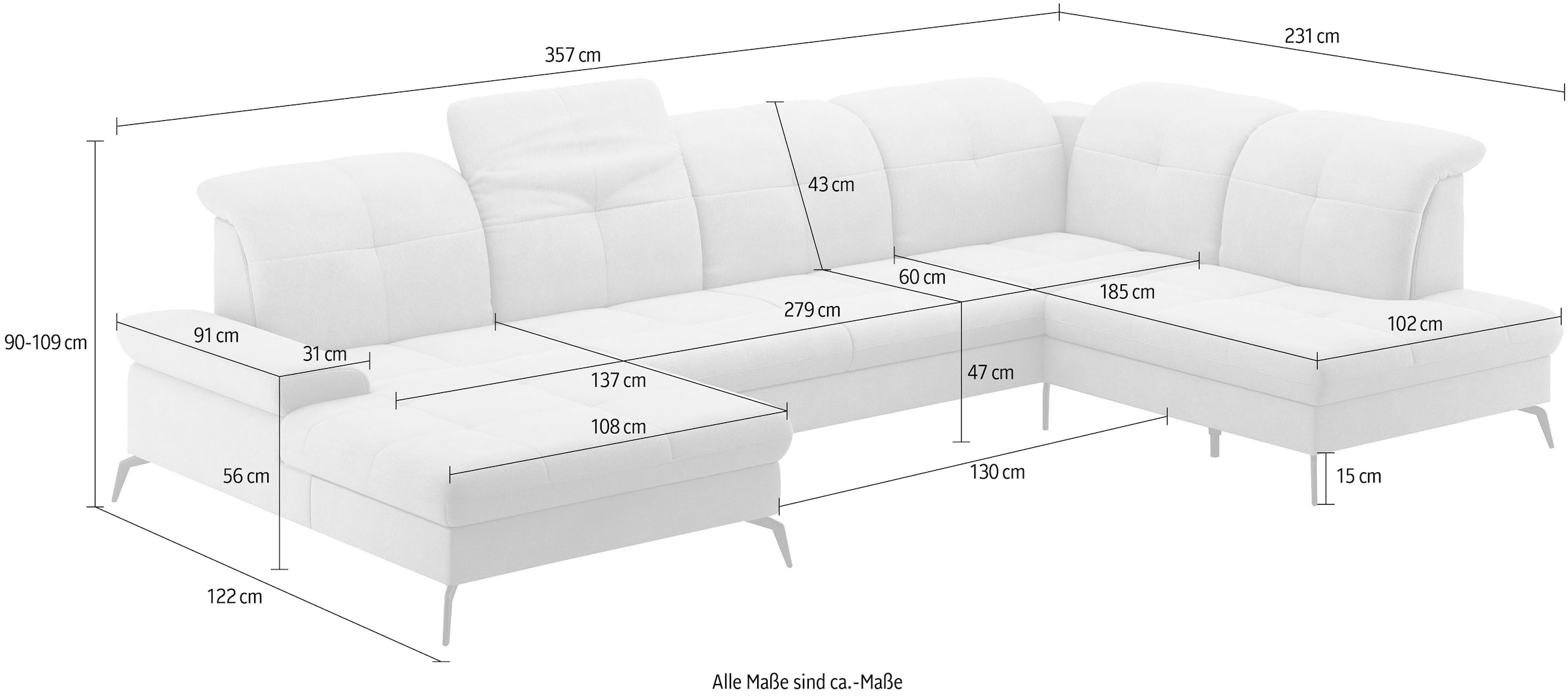 sit&more Wohnlandschaft »Amica, U-Form, inkl. Sitztiefenverstellung und Armteilverstellung«, wahlweise mit Kopfteilverstellung, Bettfunktion und Bettkasten