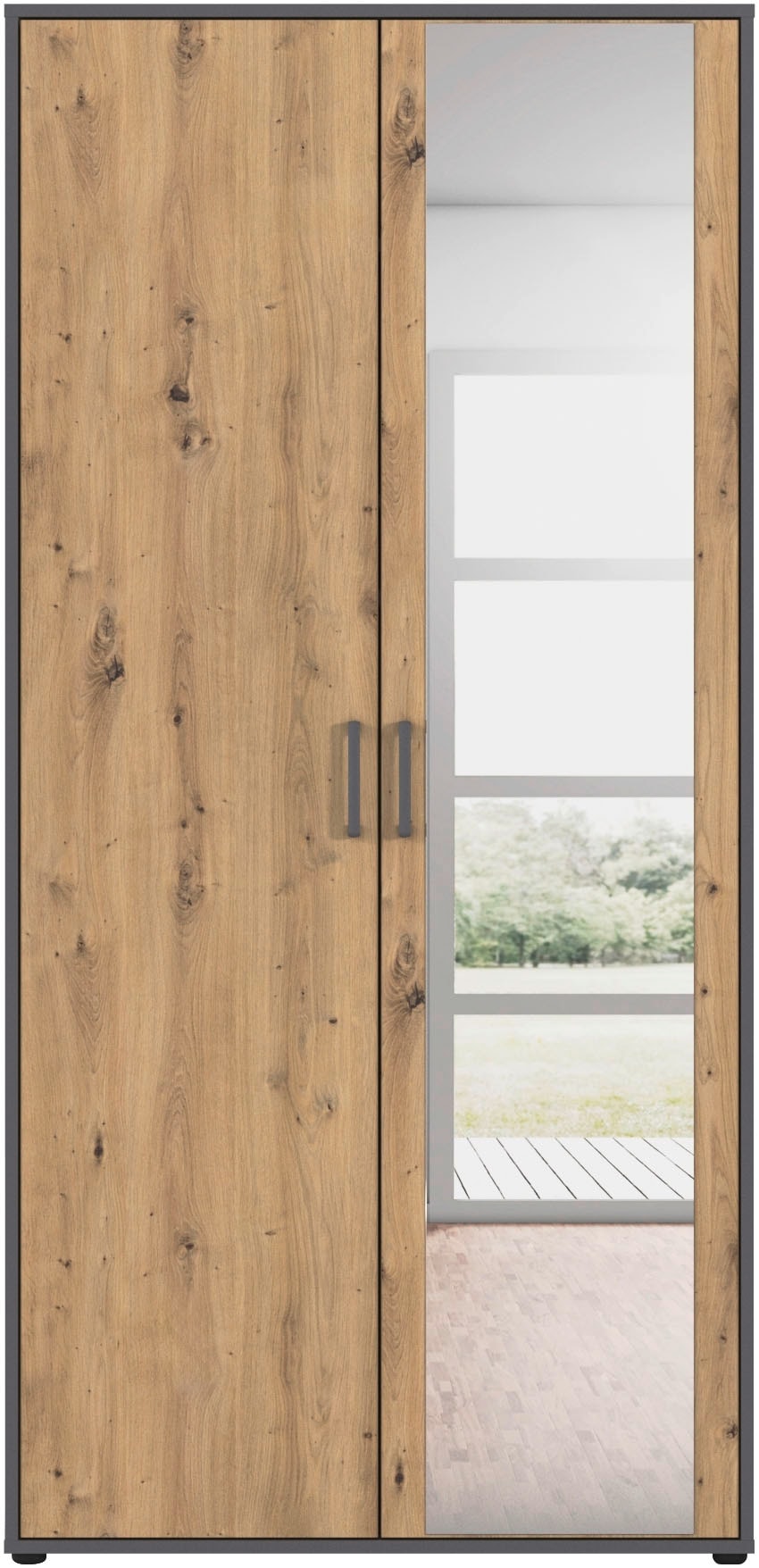 rauch Drehtürenschrank »Kleiderschrank Schrank Garderobe Wäscheschrank VOYAGER« in 3 verschiedenen Ausstattungen BASIC/CLASSIC/PREMIUM,  mit modernen Griffen in Graumetallic und Spiegel