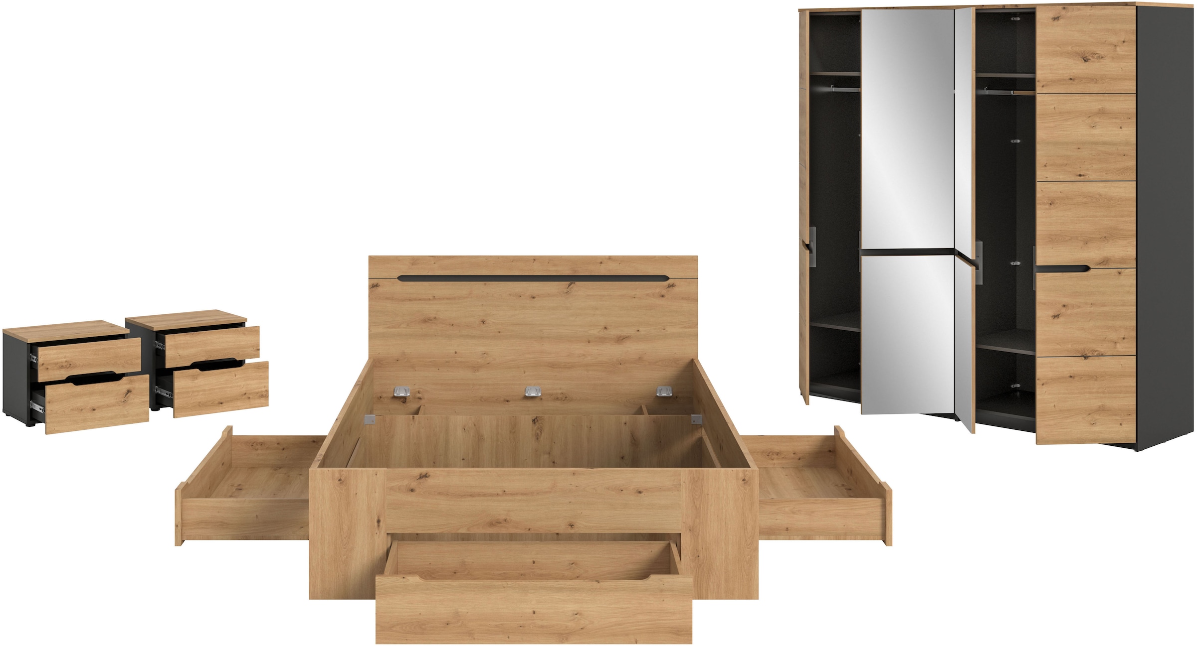 Home affaire Schlafzimmer-Set »REHAT, 4-teilig, best. aus: Bett, Kleiderschrank & 2x Nachtkommode«