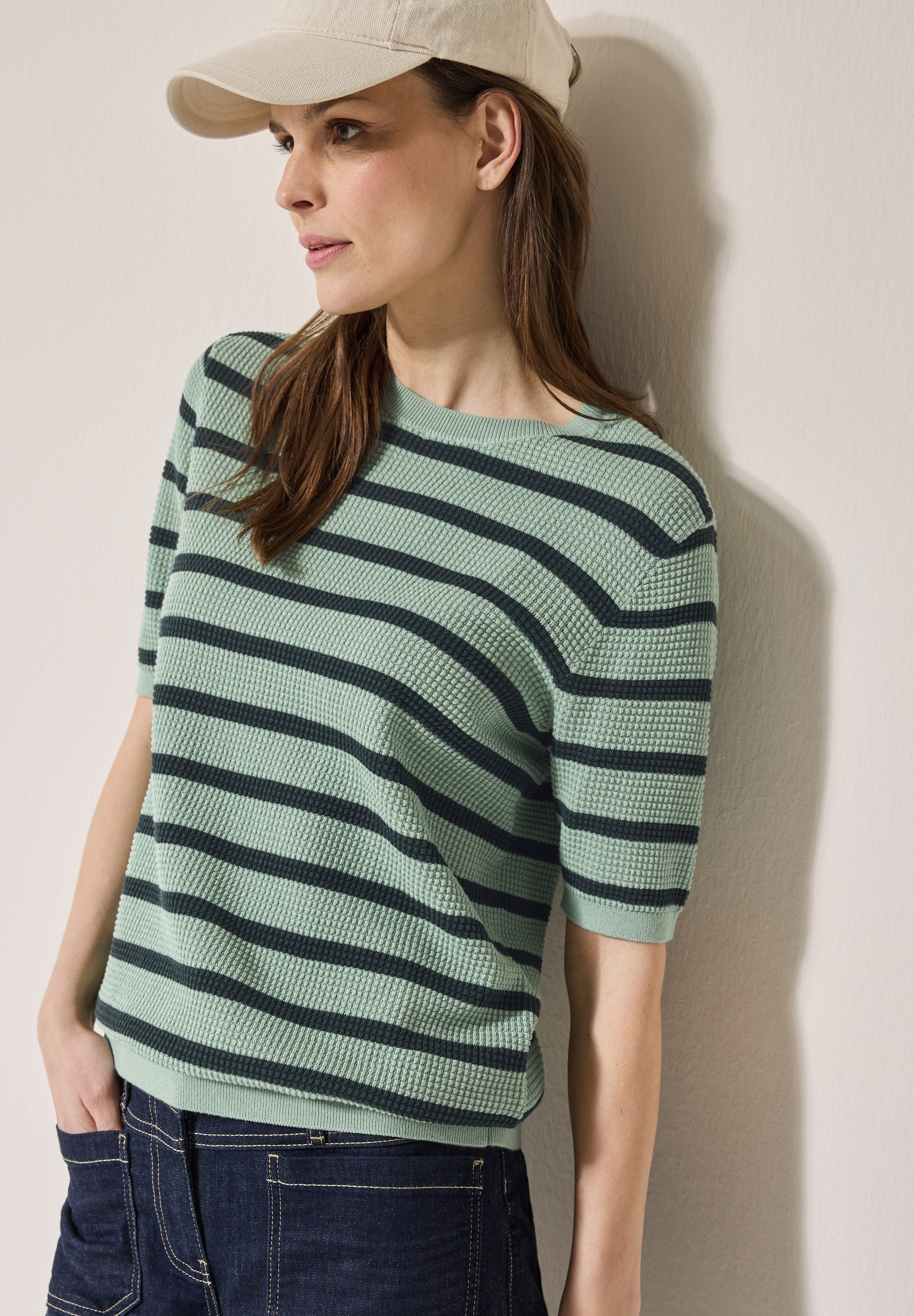 Cecil Kurzarmpullover, mit Streifen und in Struktur-Optik